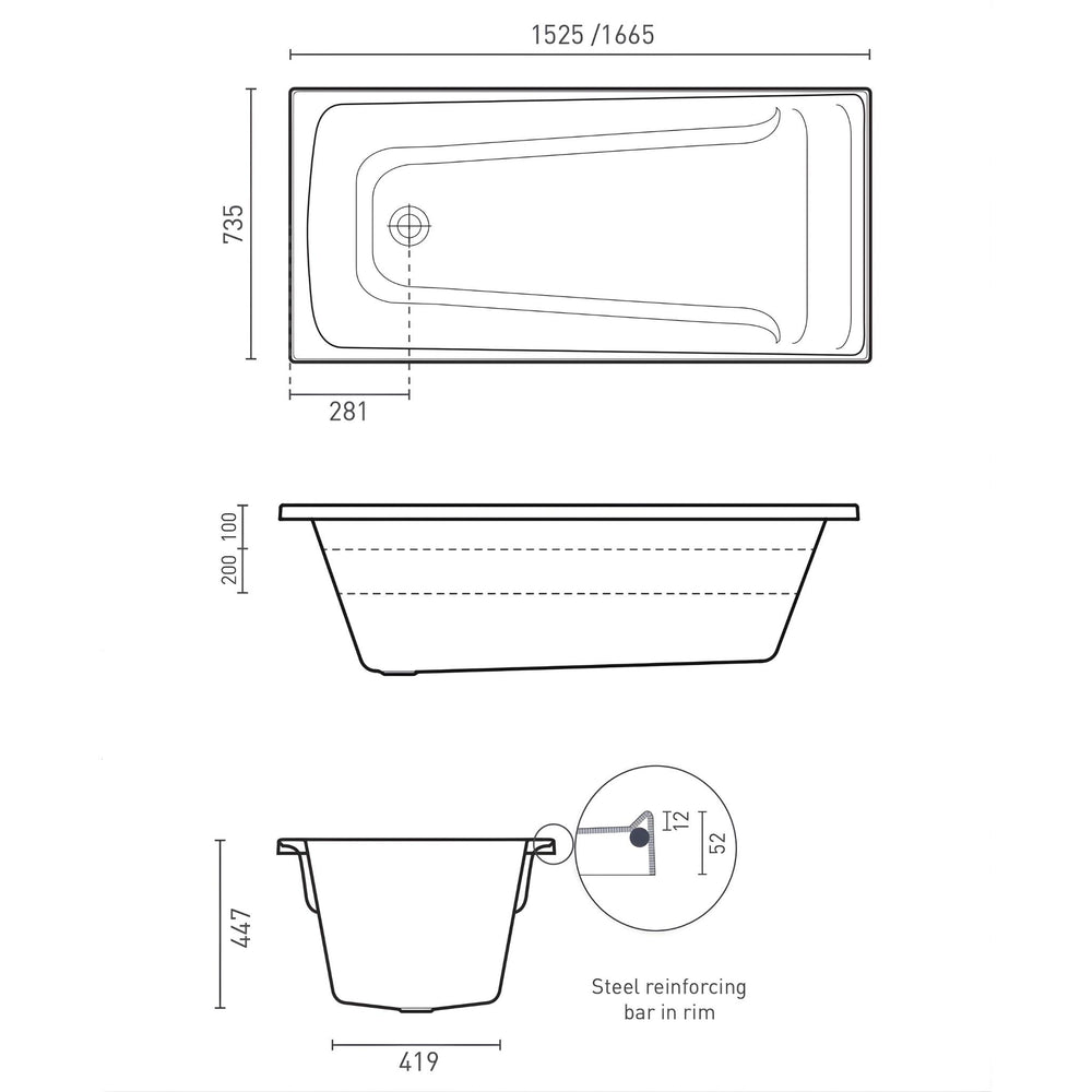 DECINA NOVARA INSET BATH GLOSS WHITE (AVAILABLE IN 1525MM, 1650MM AND 1665MM)