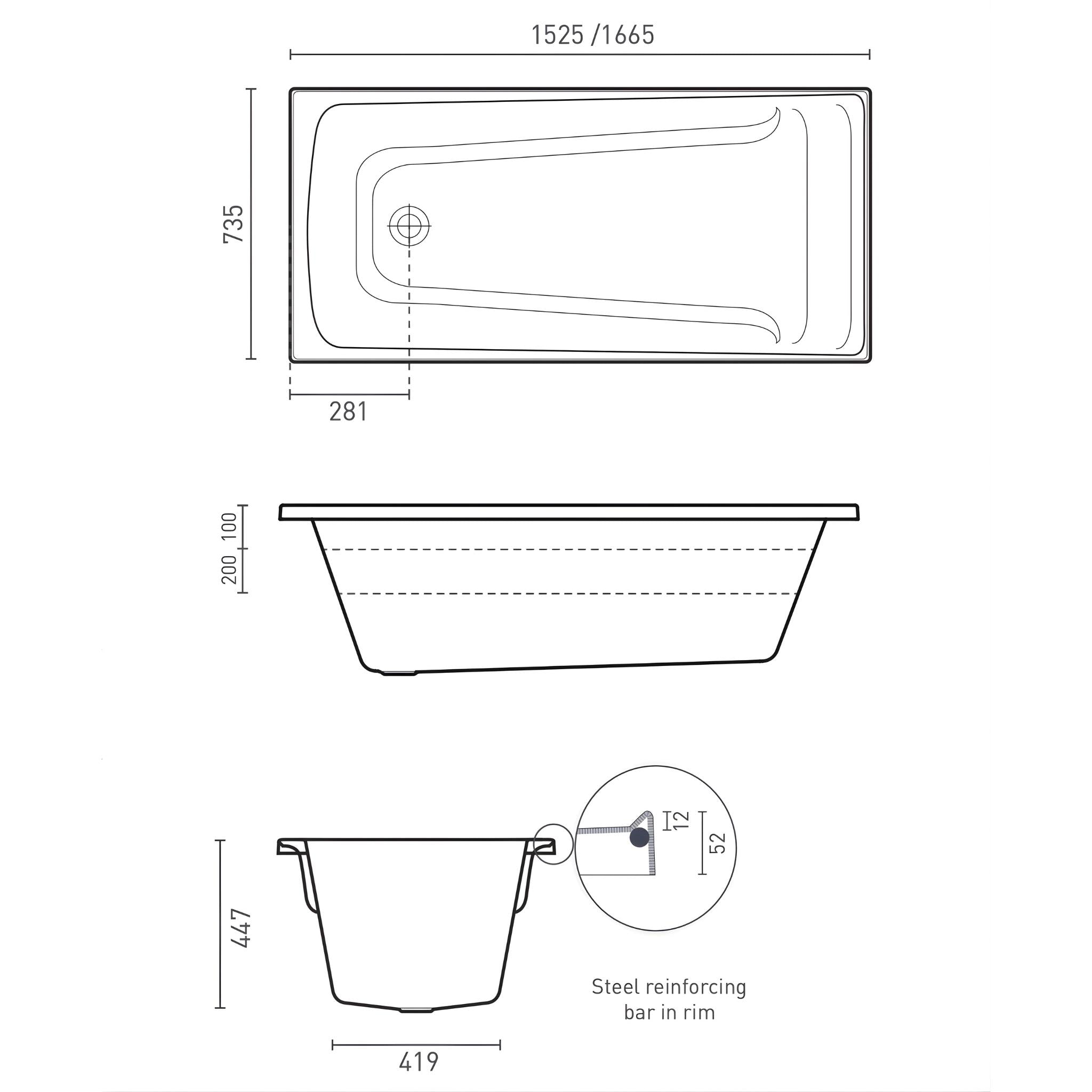 DECINA NOVARA INSET BATH GLOSS WHITE (AVAILABLE IN 1525MM, 1650MM AND 1665MM)