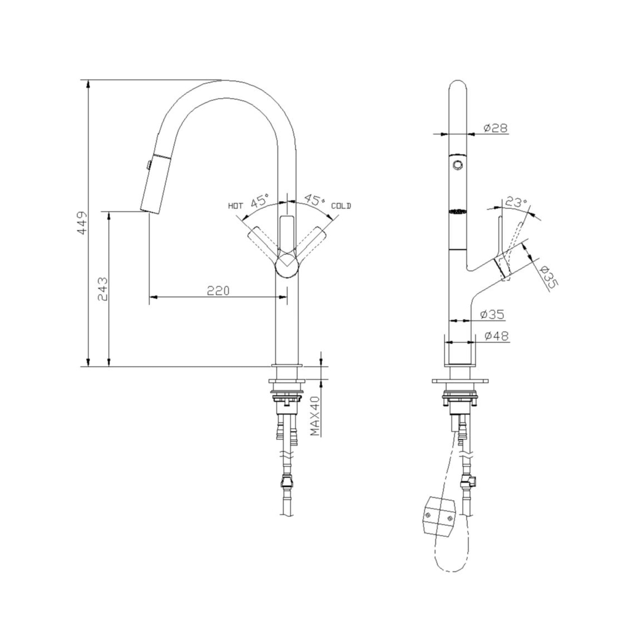 LINSOL TISH S2 LEAD FREE PULL OUT SINK MIXER 449MM BRUSHED BRASS
