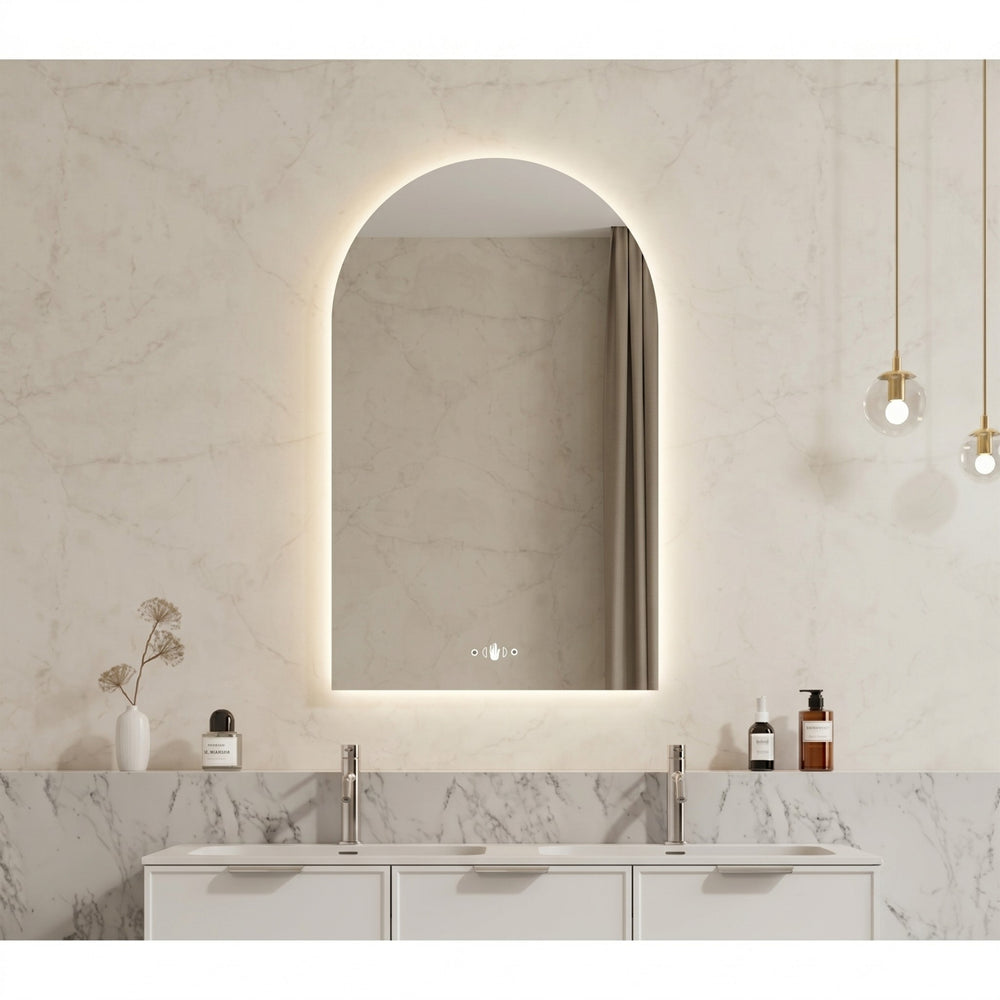 VITO OVIAN ARCHED FRAMELESS BACKLIT LED MIRROR 3 COLOUR LIGHTS 600X900MM