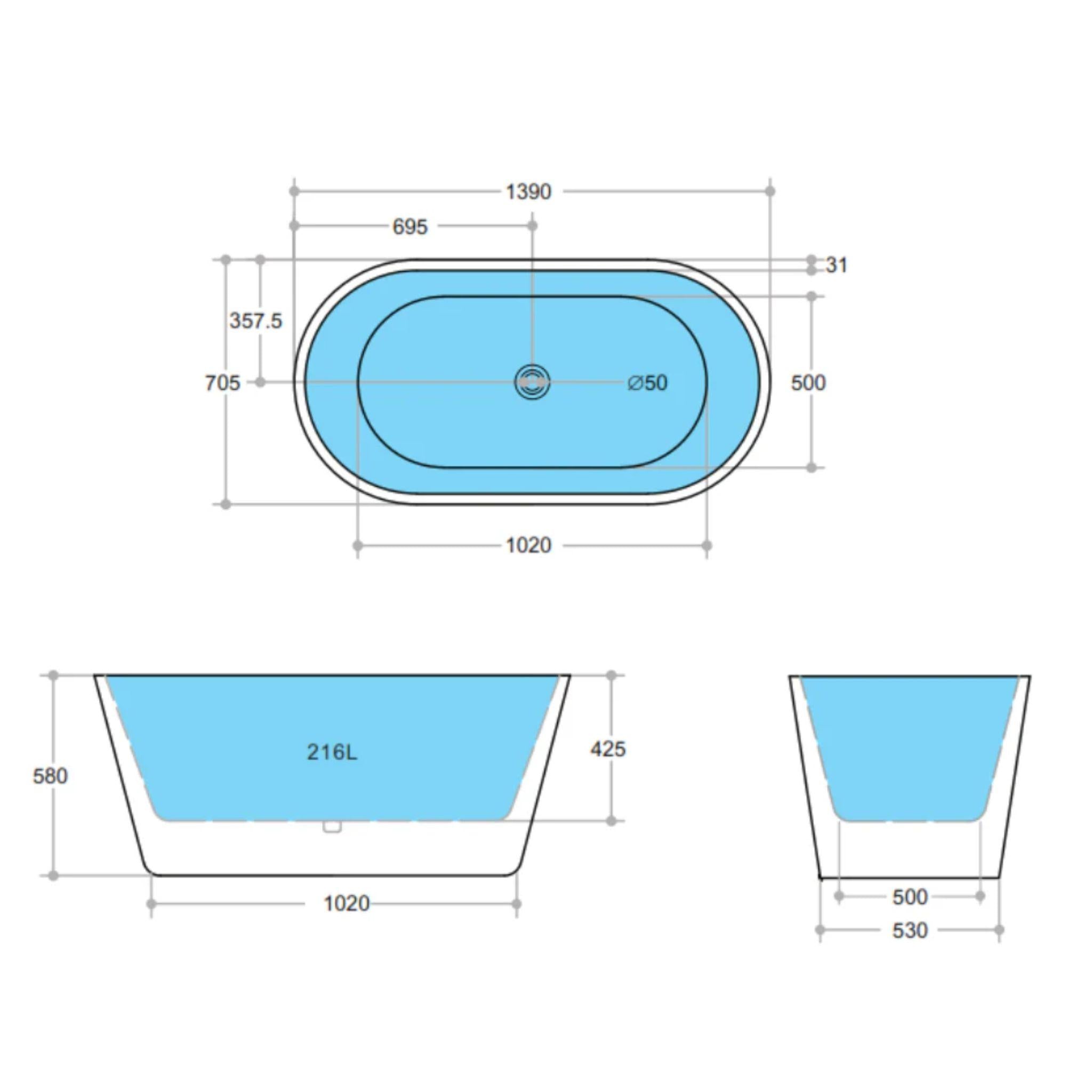POSEIDON OVIA FREE STANDING BATH GLOSS WHITE (AVAILABLE IN 1200MM, 1300MM, 1400MM, 1500MM AND 1700MM)