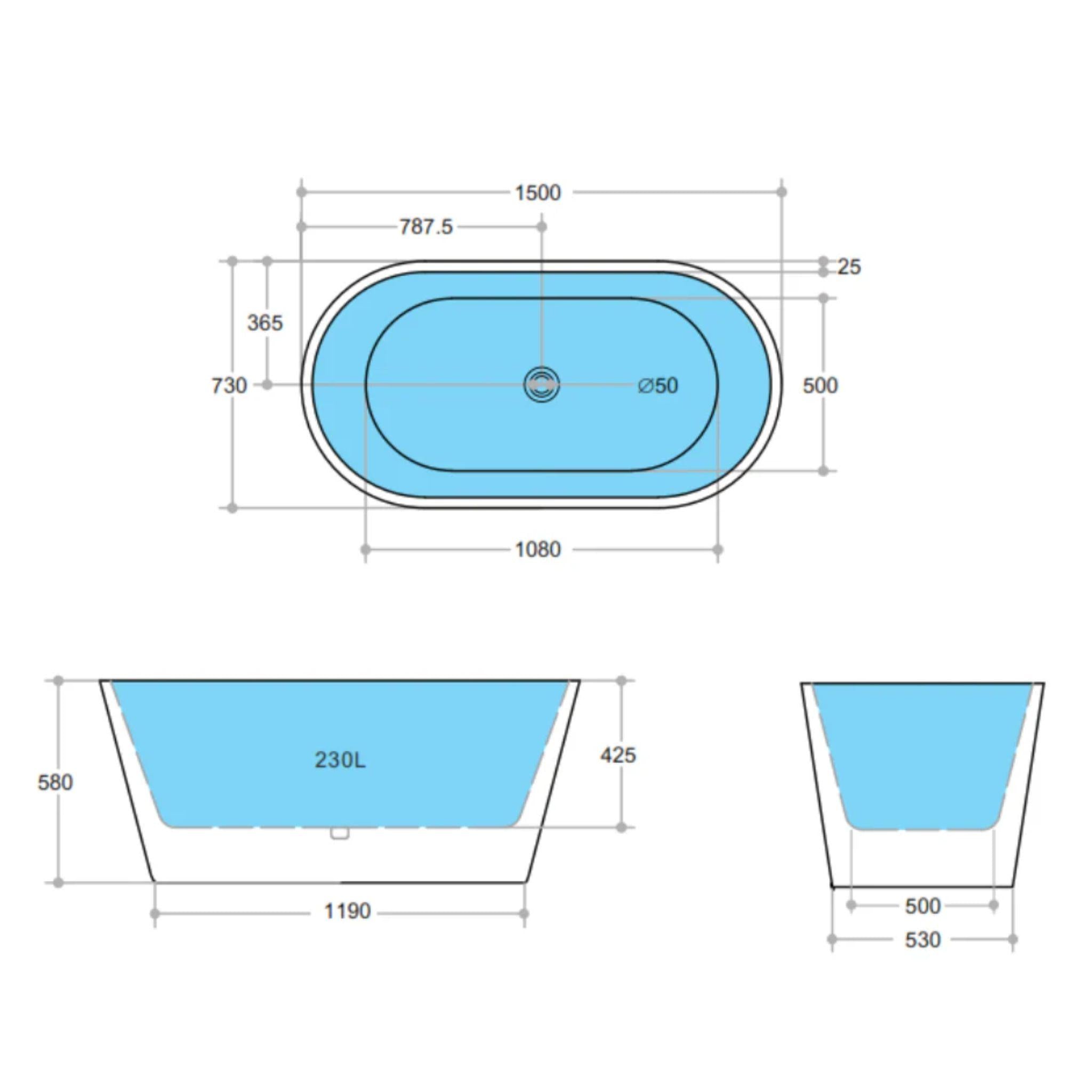 POSEIDON OVIA FREE STANDING BATH GLOSS WHITE (AVAILABLE IN 1200MM, 1300MM, 1400MM, 1500MM AND 1700MM)