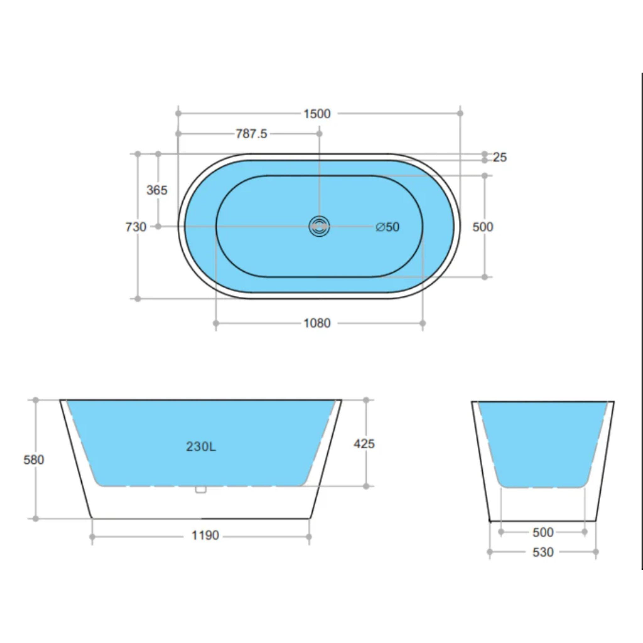 POSEIDON OVIA FREESTANDING BATHTUB GLOSS BLACK AND WHITE (AVAILABLE IN 1500MM AND 1700MM)