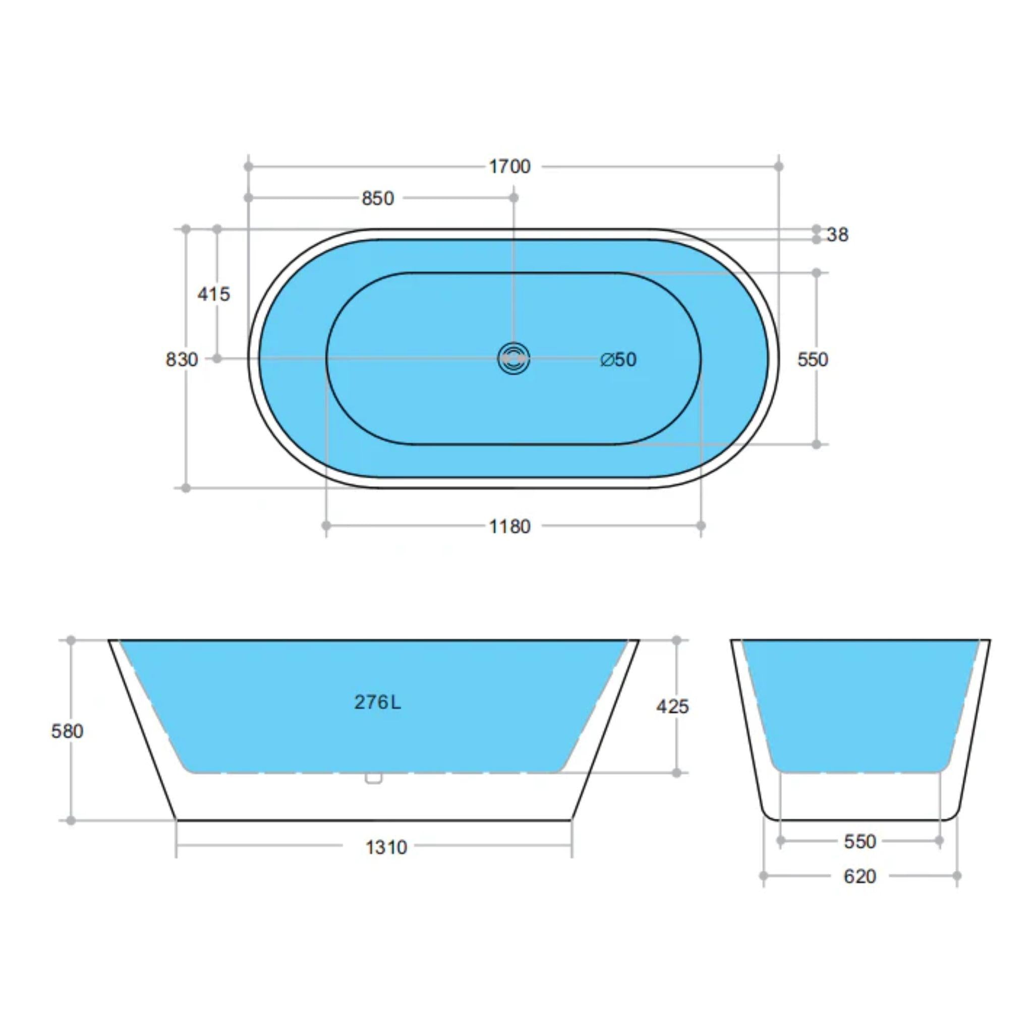 POSEIDON OVIA FREESTANDING BATHTUB GLOSS BLACK AND WHITE (AVAILABLE IN 1500MM AND 1700MM)
