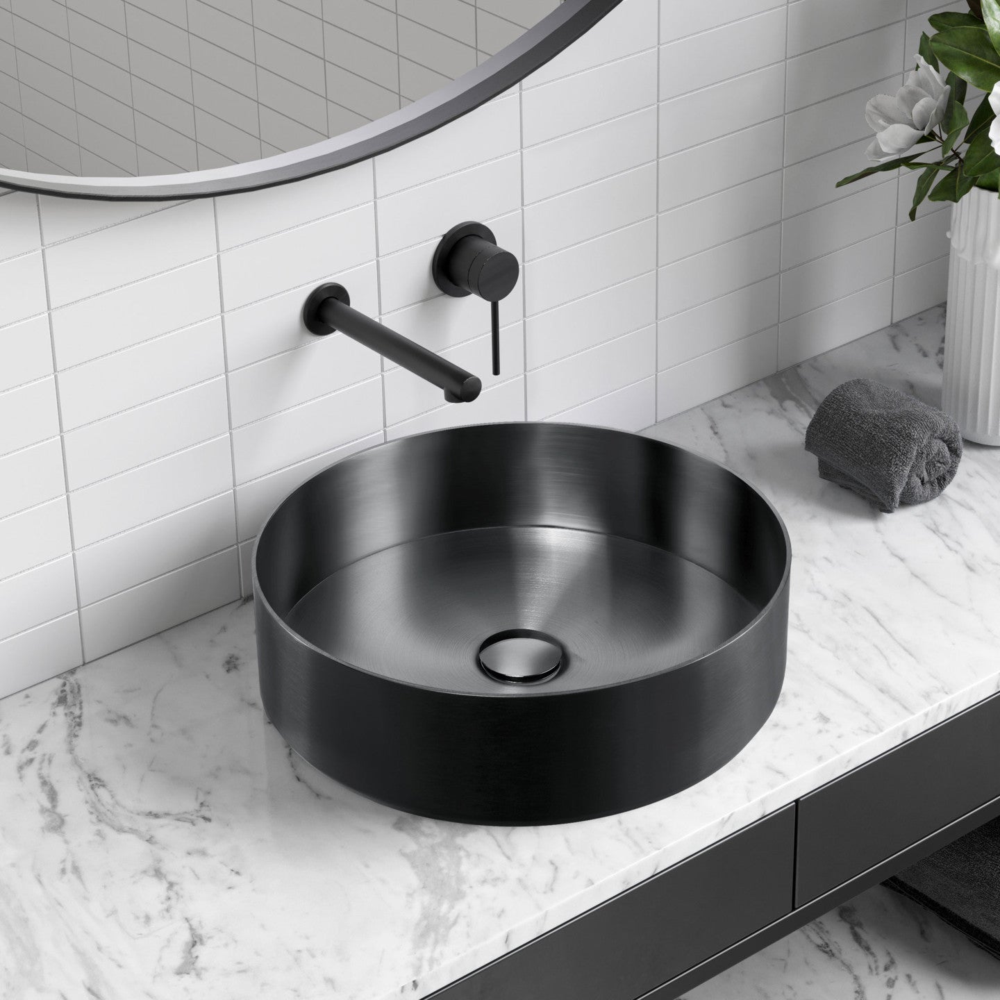 OLIVERI MILAN ROUND STAINLESS STEEL COUNTER TOP BASIN BLACK 400MM