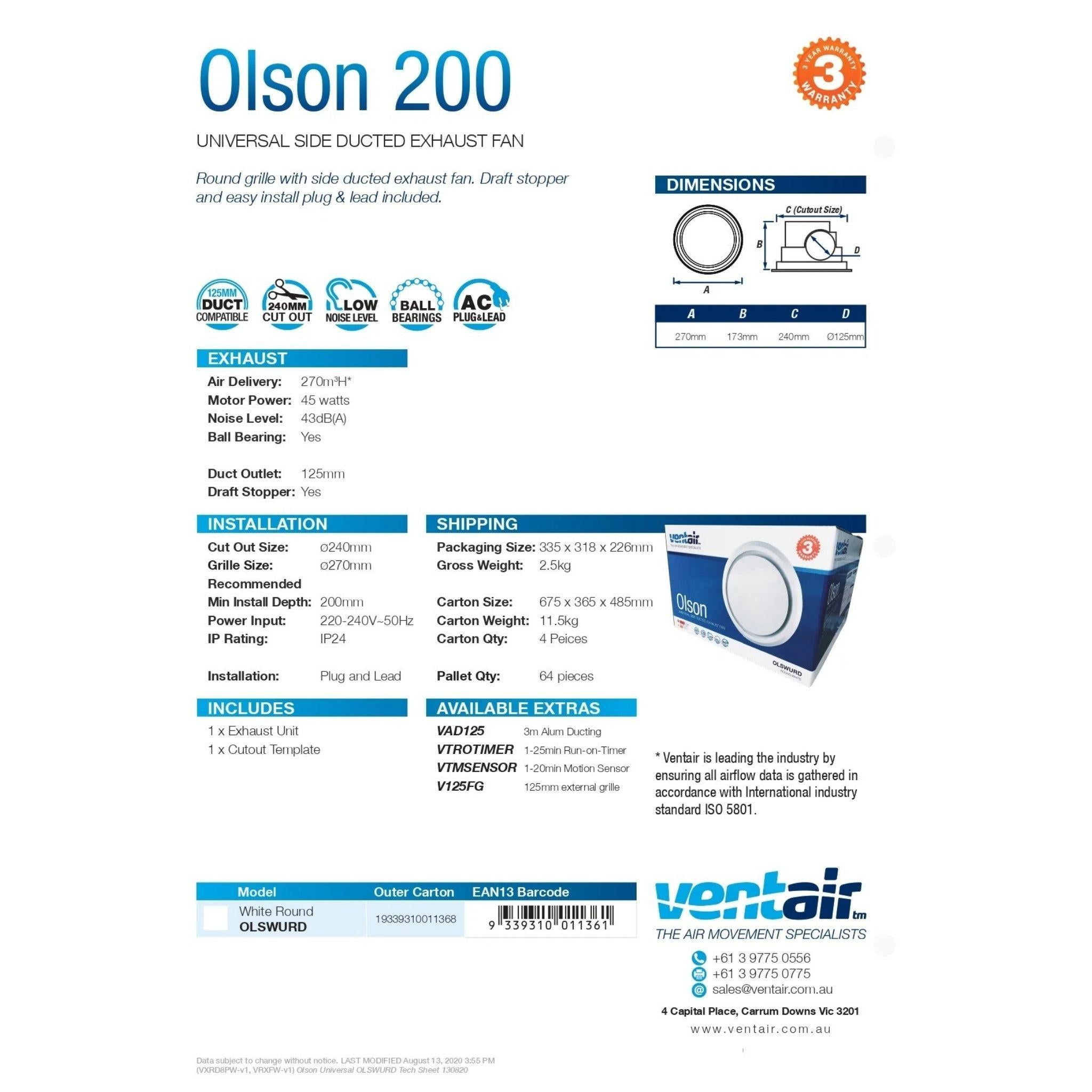 VENTAIR OLSON UNIVERSAL SIDE DUCTED EXHAUST FAN WHITE (AVAILABLE IN 200MM AND 250MM)