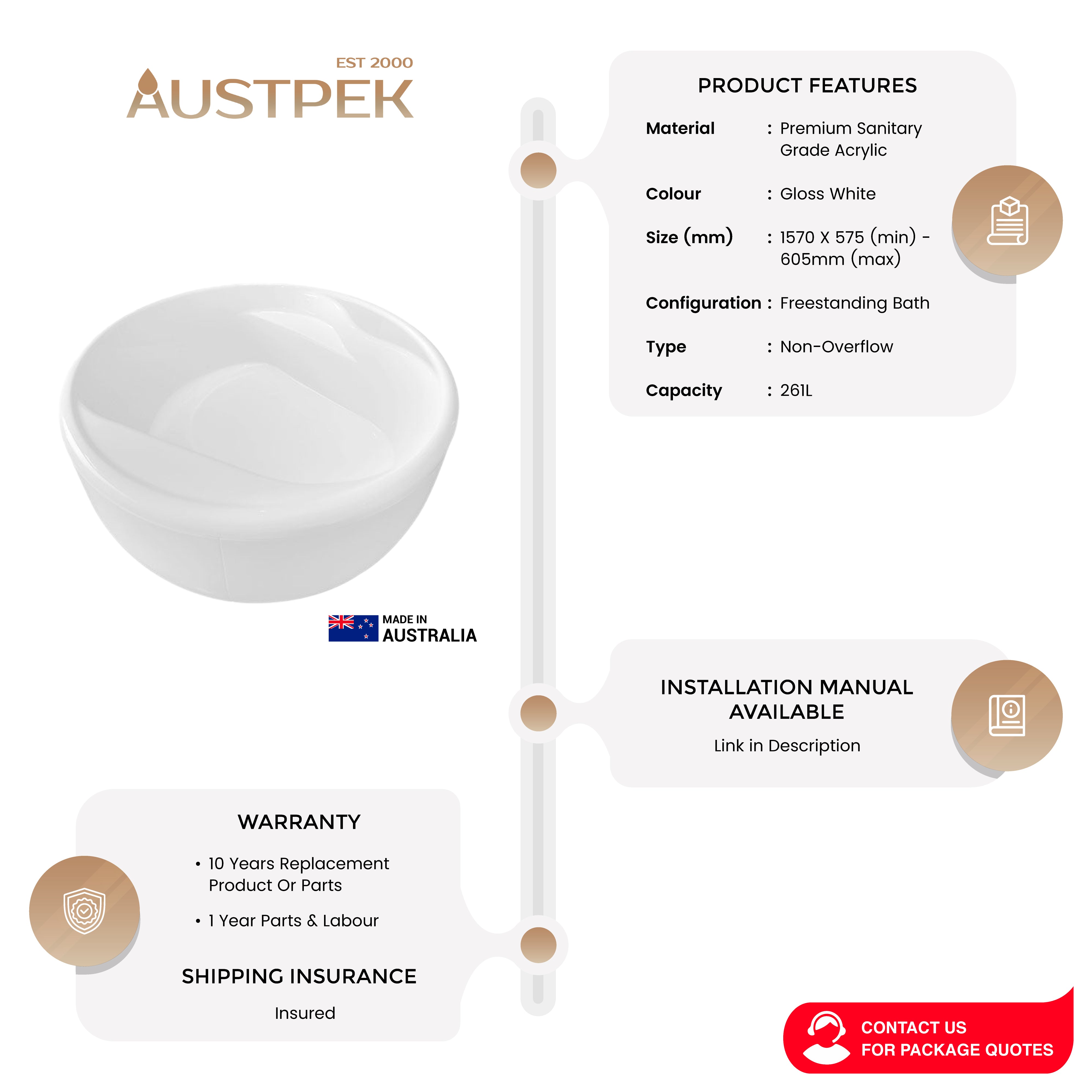 DECINA ORION FREESTANDING BATH GLOSS WHITE 1570MM