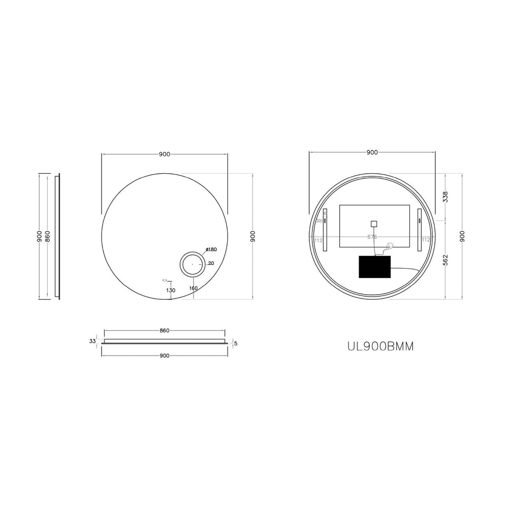 VITO OVIAN ROUND FRAMELESS BACKLIT LED MIRROR WITH MAGNIFIER 3 COLOUR LIGHTS 900X900MM