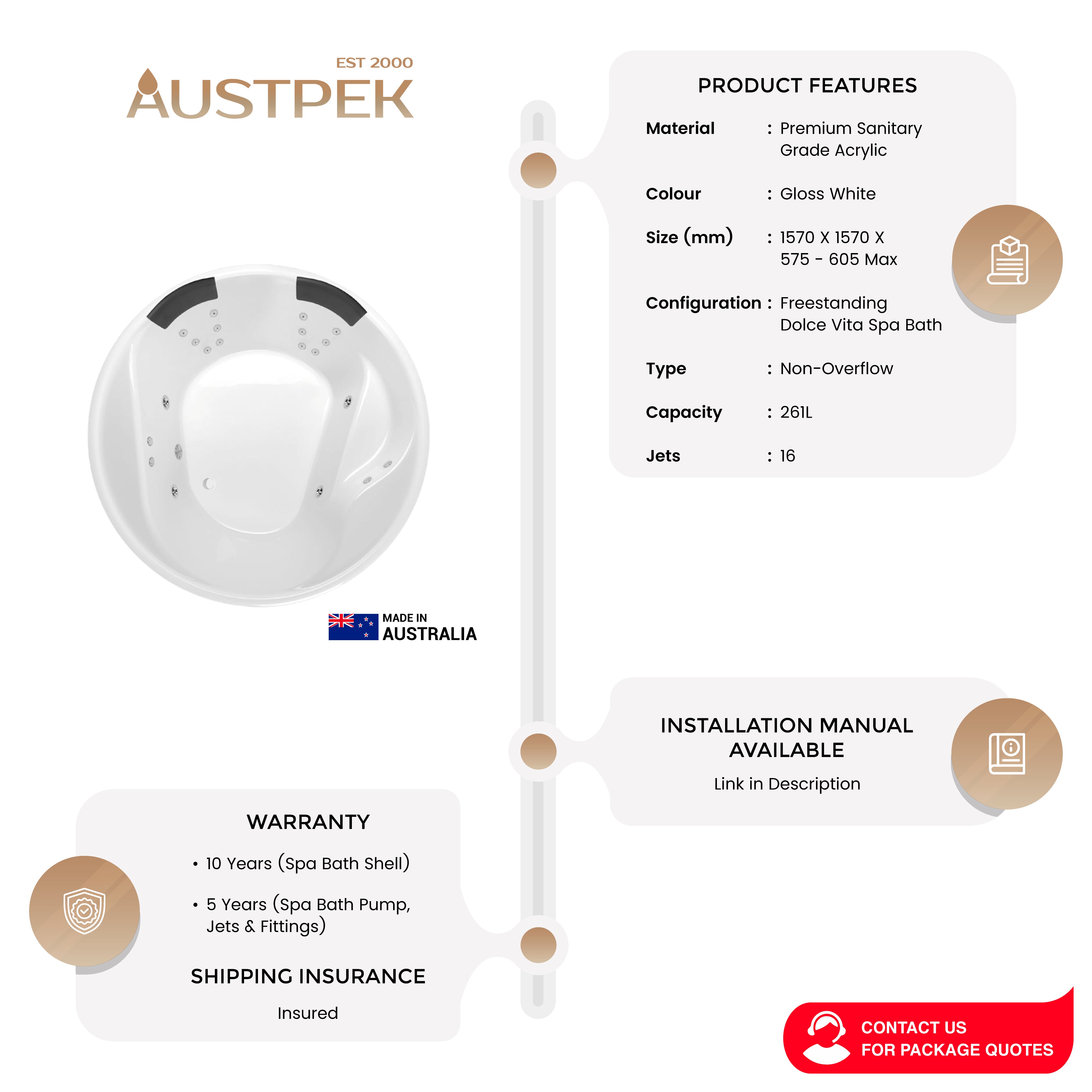 DECINA ORION FREESTANDING DOLCE VITA SPA BATHTUB GLOSS WHITE 1570MM WITH 16-JETS