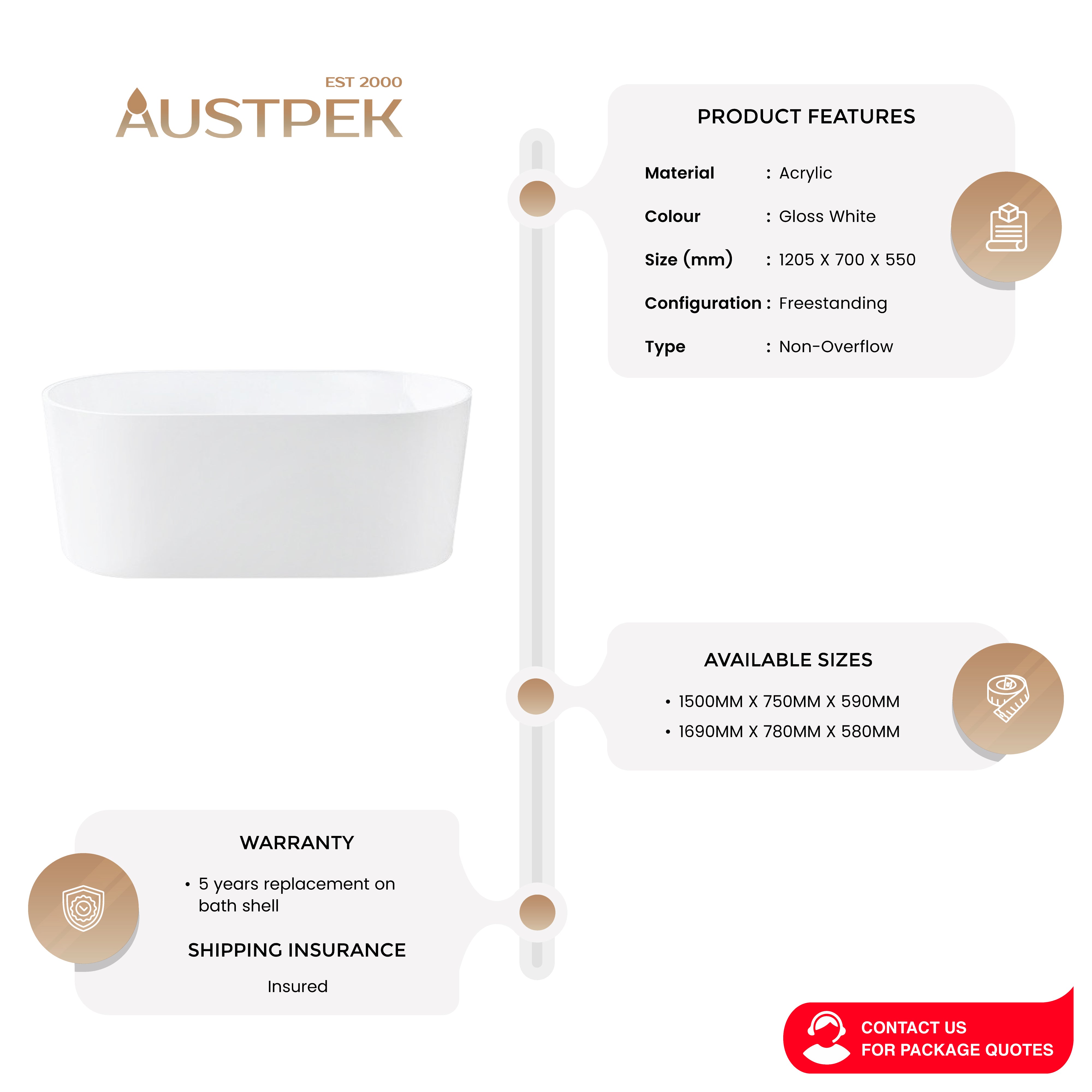 INFINITY ORIAN FREESTANDING BATHTUB GLOSS WHITE (AVAILABLE IN 1200MM, 1500MM AND 1700MM)