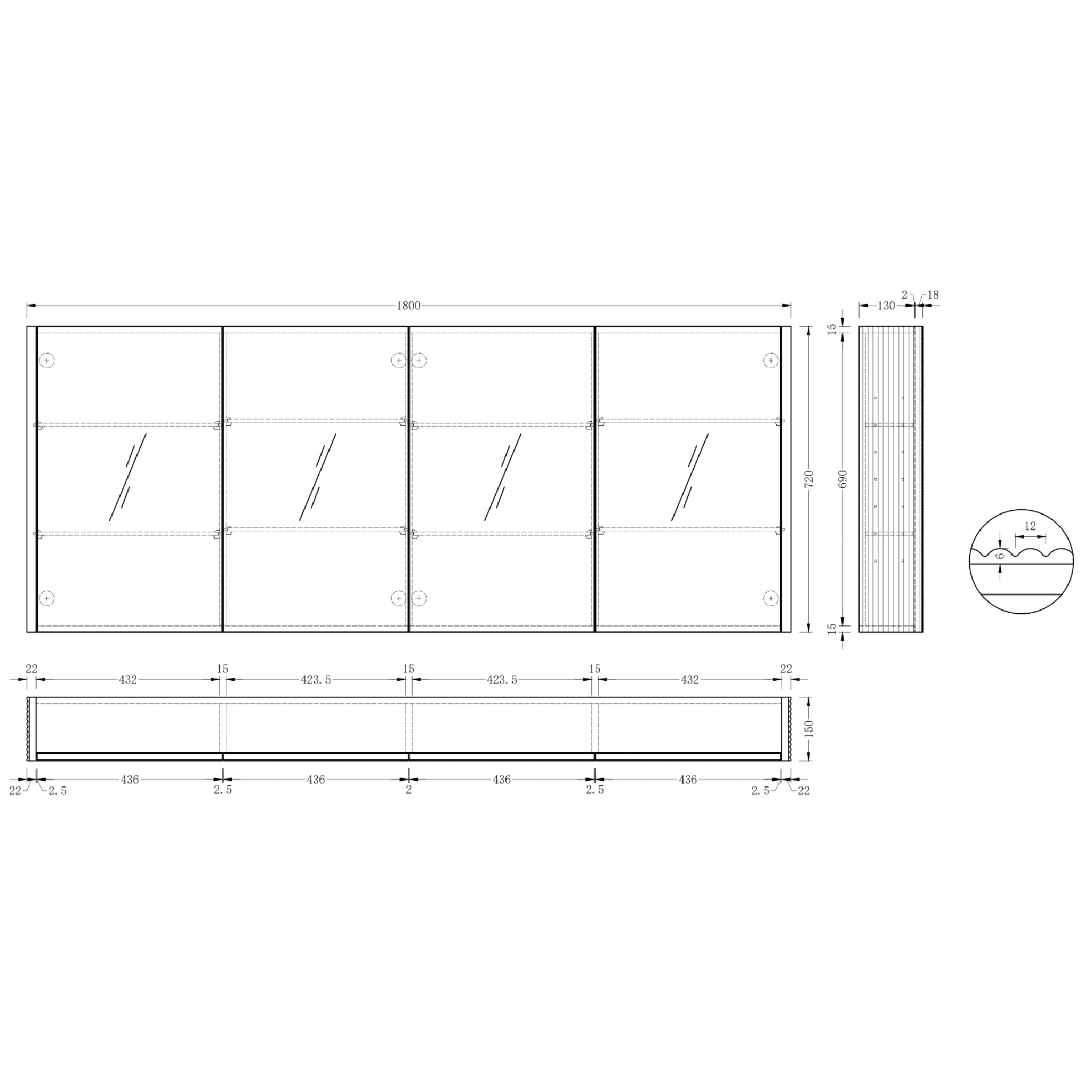 ORIO HAYMAN LIGHT WALNUT FLUTED MIRROR SHAVING CABINET 1800MM