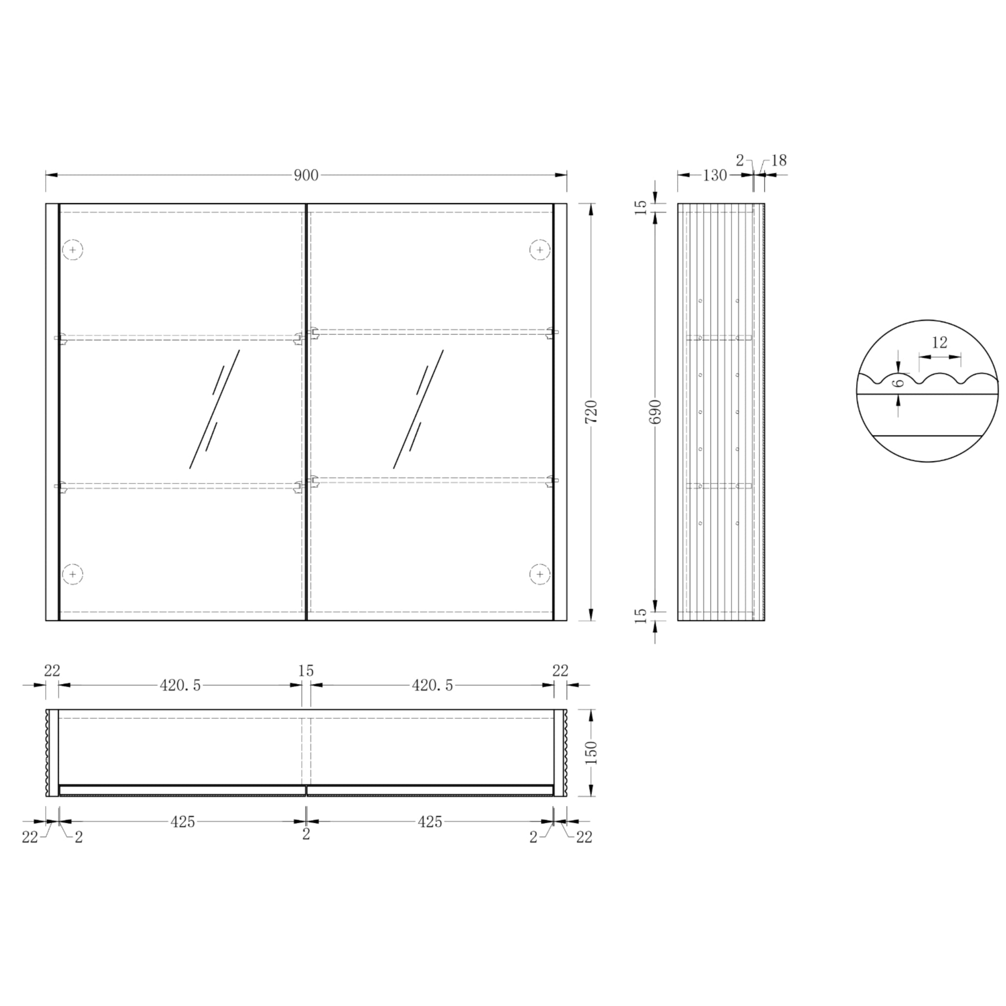 ORIO HAYMAN LIGHT WALNUT FLUTED MIRROR SHAVING CABINET 900MM
