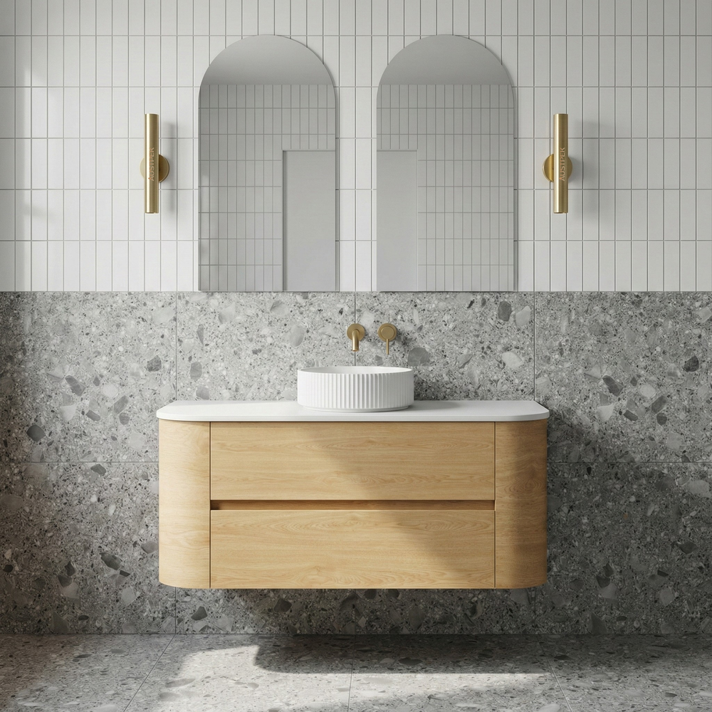 ORIO PEBBLE NATURAL OAK 1200MM CURVE SINGLE BOWL WALL HUNG VANITY