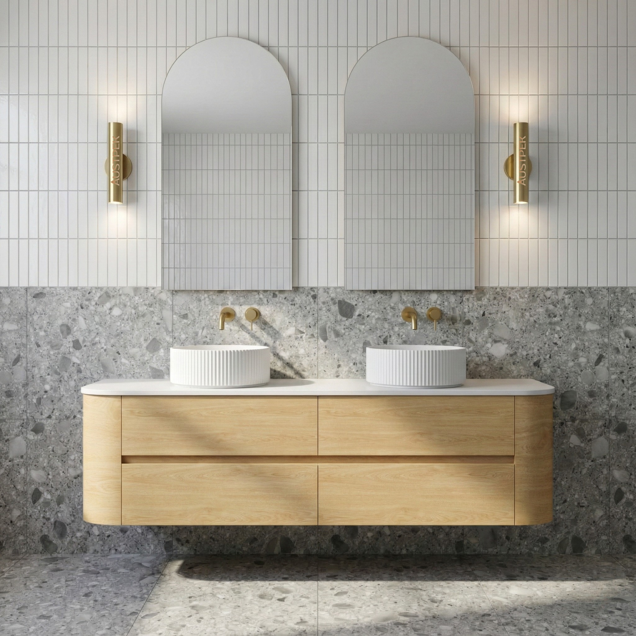 ORIO PEBBLE NATURAL OAK 1500MM CURVE DOUBLE BOWL WALL HUNG VANITY