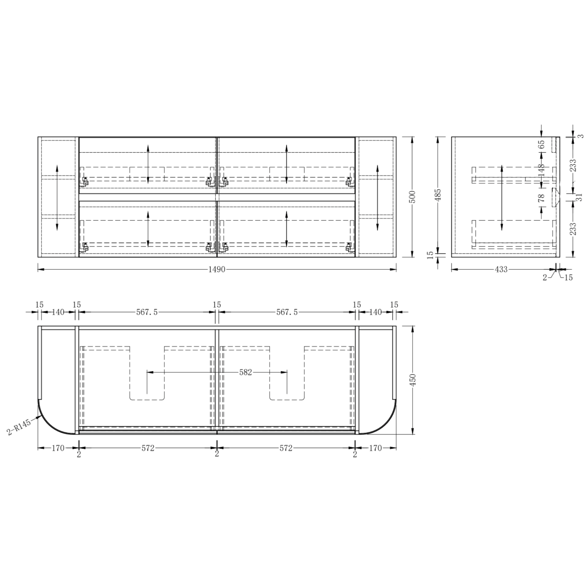 ORIO PEBBLE NATURAL OAK 1500MM CURVE DOUBLE BOWL WALL HUNG VANITY