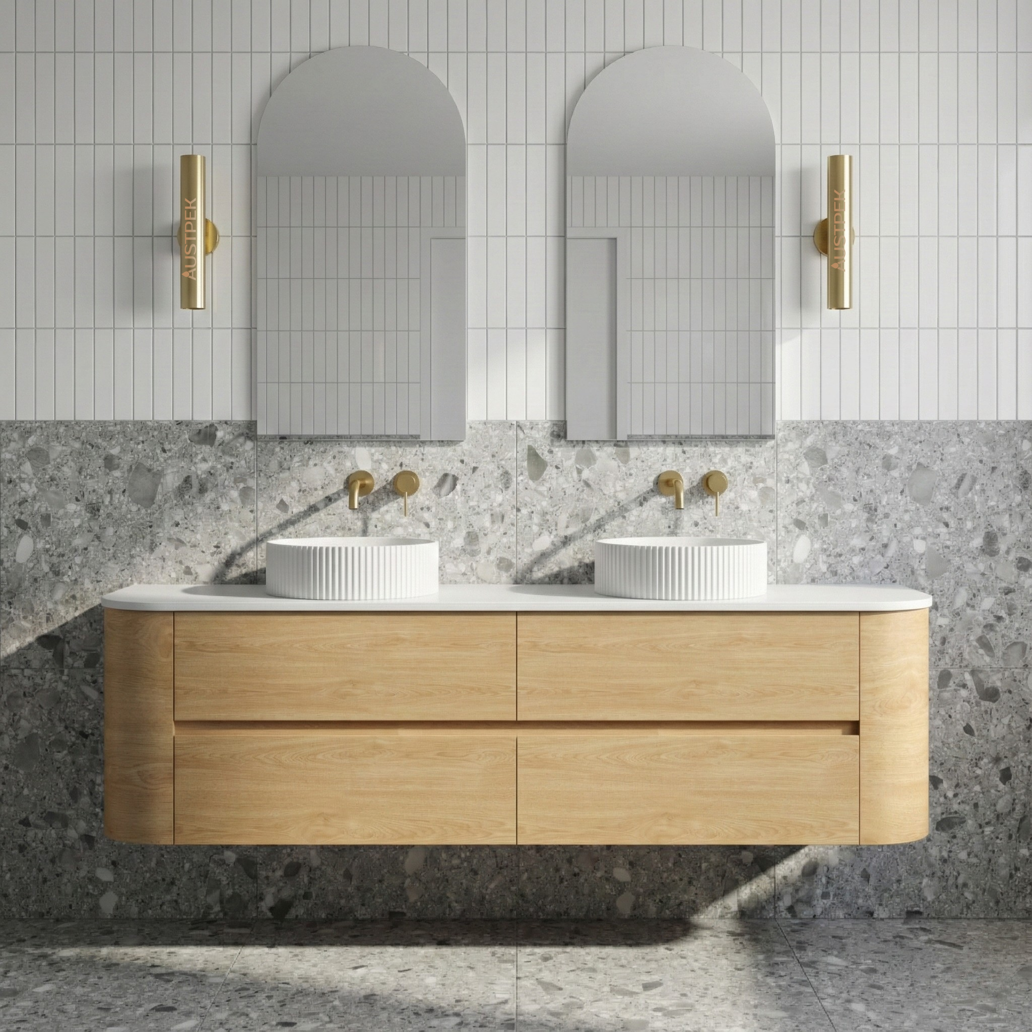 ORIO PEBBLE NATURAL OAK 1800MM CURVE DOUBLE BOWL WALL HUNG VANITY