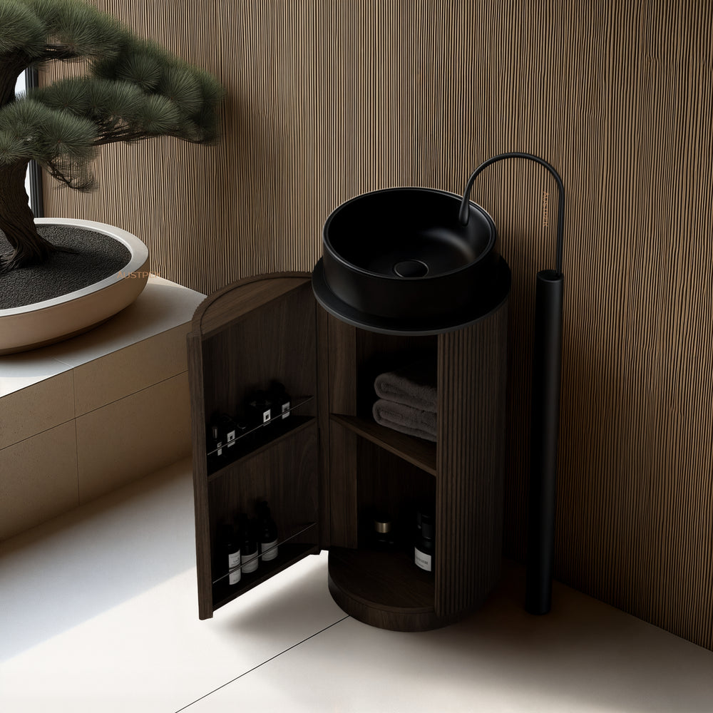 ORIO BAUDIN DARK WALNUT FLUTED 400MM FLOORSTANDING VANITY WITH SINTERED STONE TOP (SHOWROOM DISPLAY)
