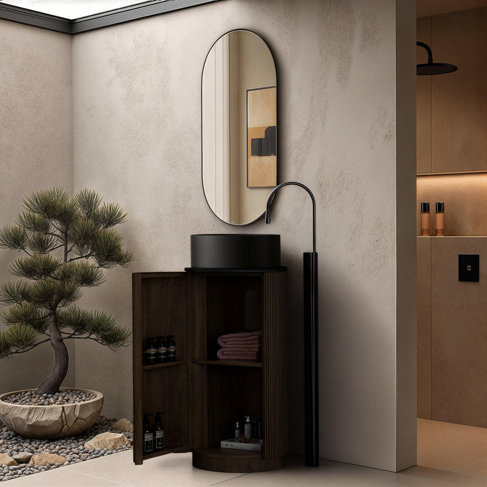 ORIO BAUDIN DARK WALNUT FLUTED 400MM FLOORSTANDING VANITY WITH SINTERED STONE TOP (SHOWROOM DISPLAY)