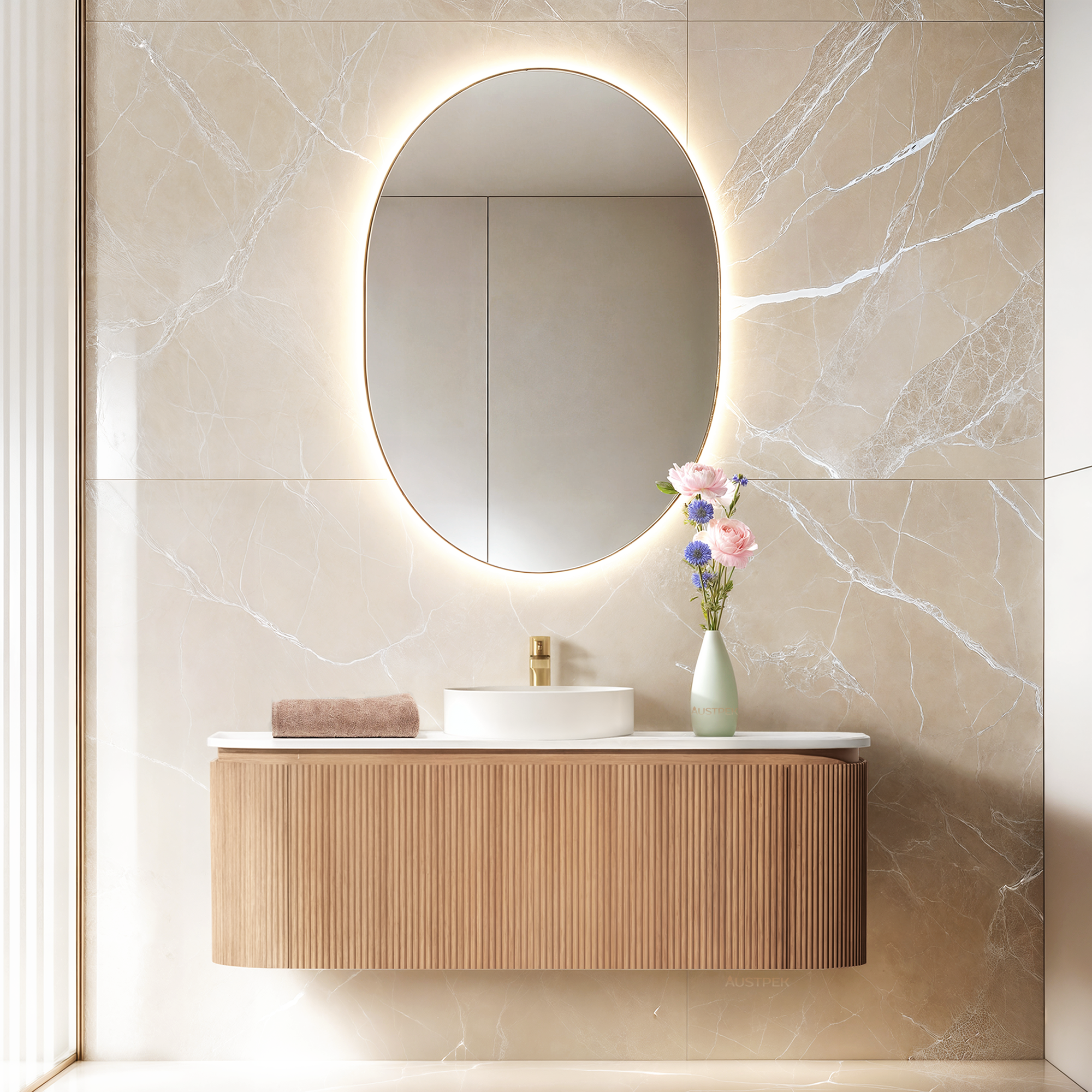 ORIO FITZROY LIGHT WALNUT FLUTED 1200MM CURVE SINGLE BOWL WALL HUNG VANITY