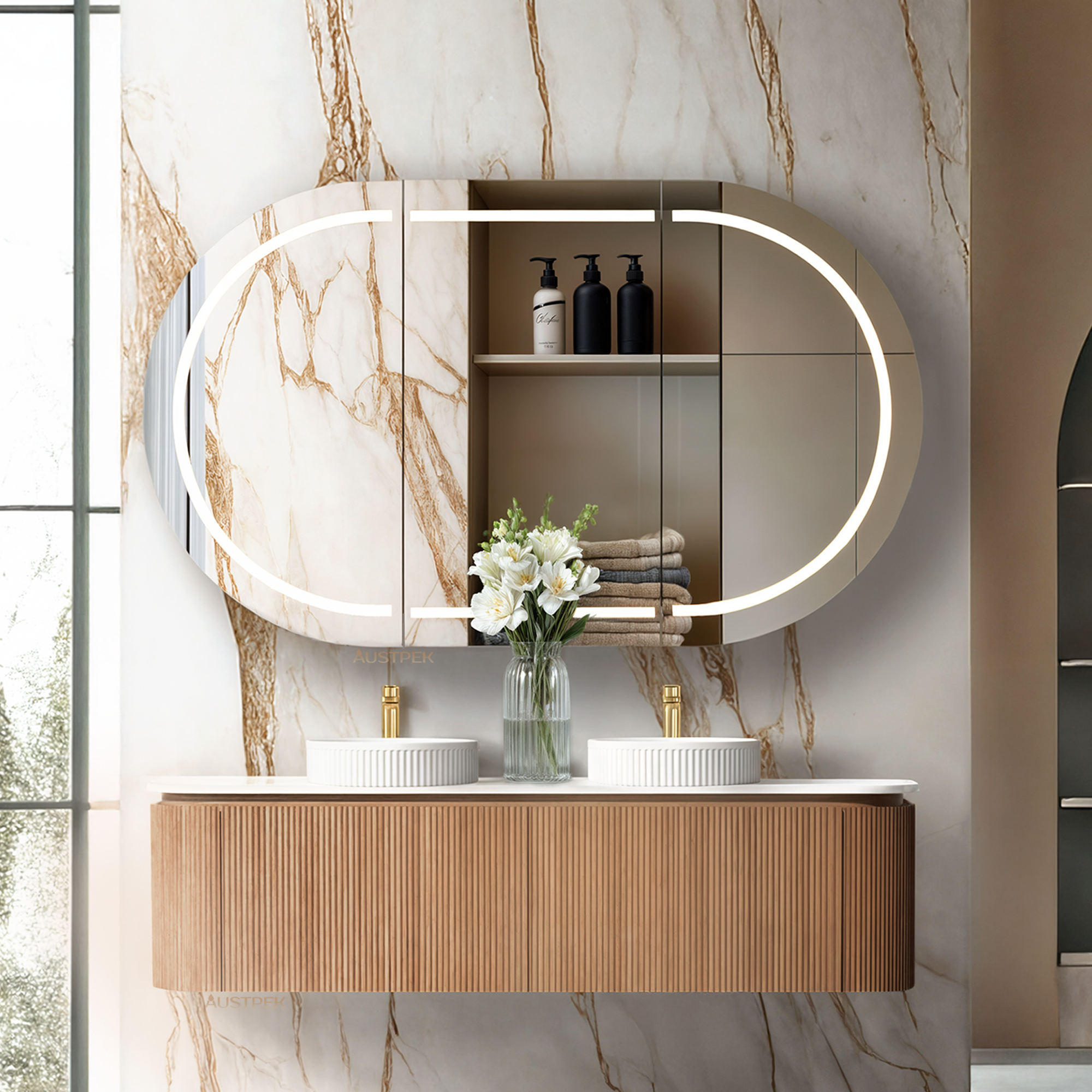 ORIO FITZROY LIGHT WALNUT FLUTED 1500MM CURVE DOUBLE BOWL WALL HUNG VANITY