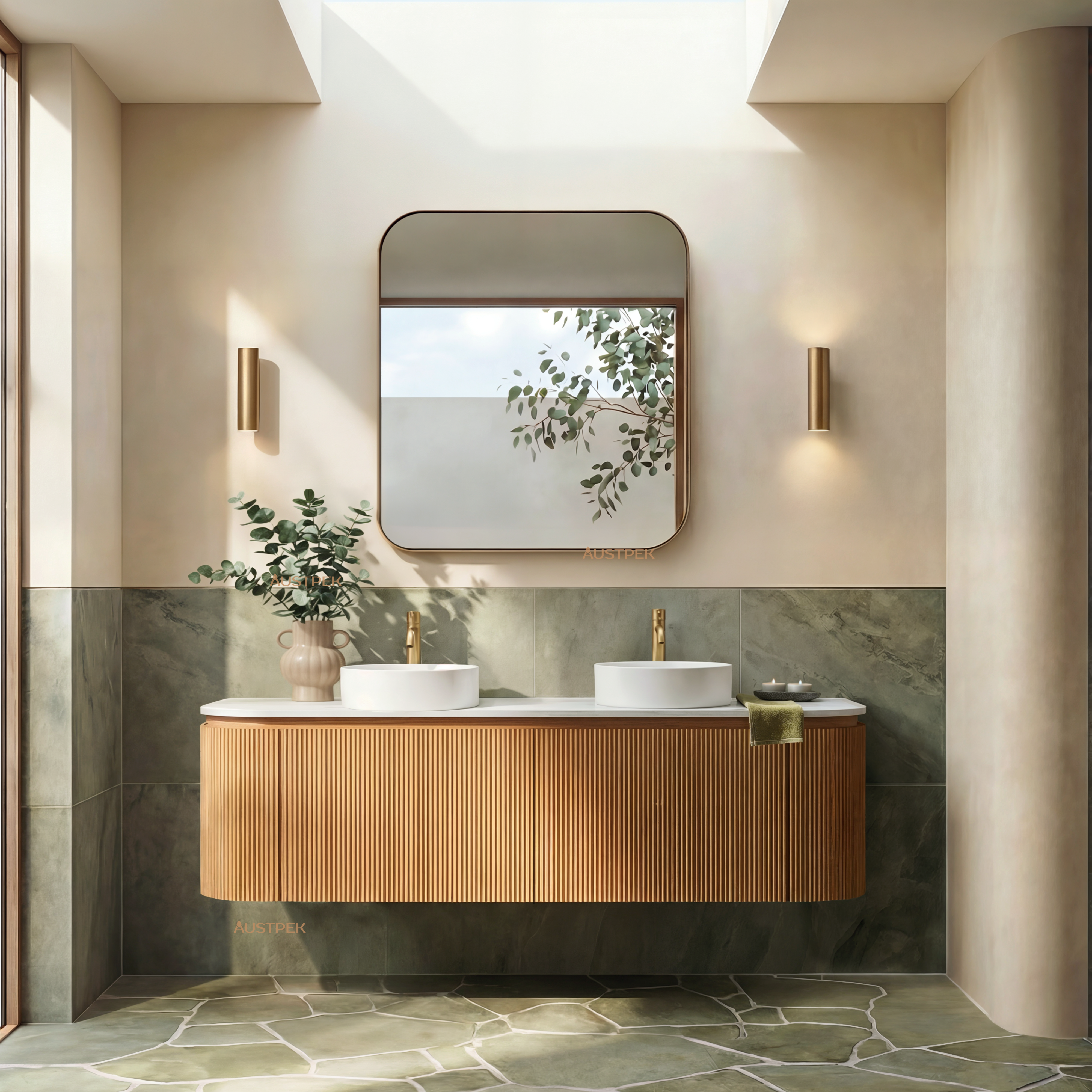 ORIO FITZROY LIGHT WALNUT FLUTED 1500MM CURVE DOUBLE BOWL WALL HUNG VANITY