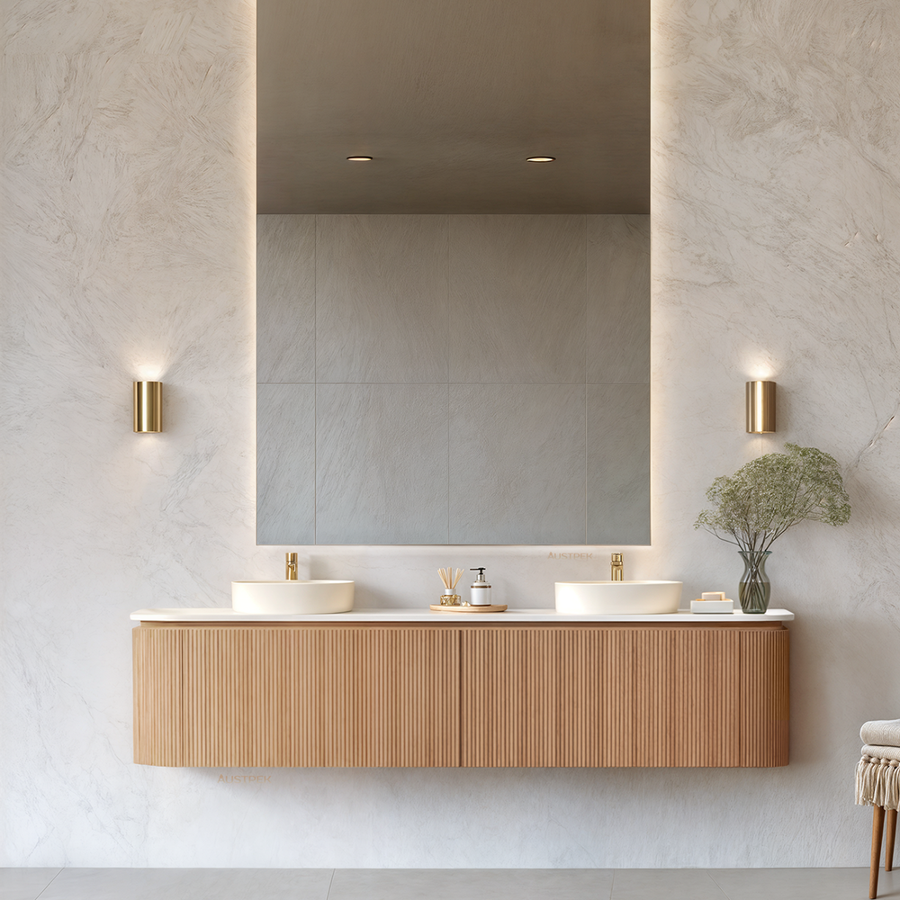 ORIO FITZROY LIGHT WALNUT FLUTED 1800MM CURVE DOUBLE BOWL WALL HUNG VANITY