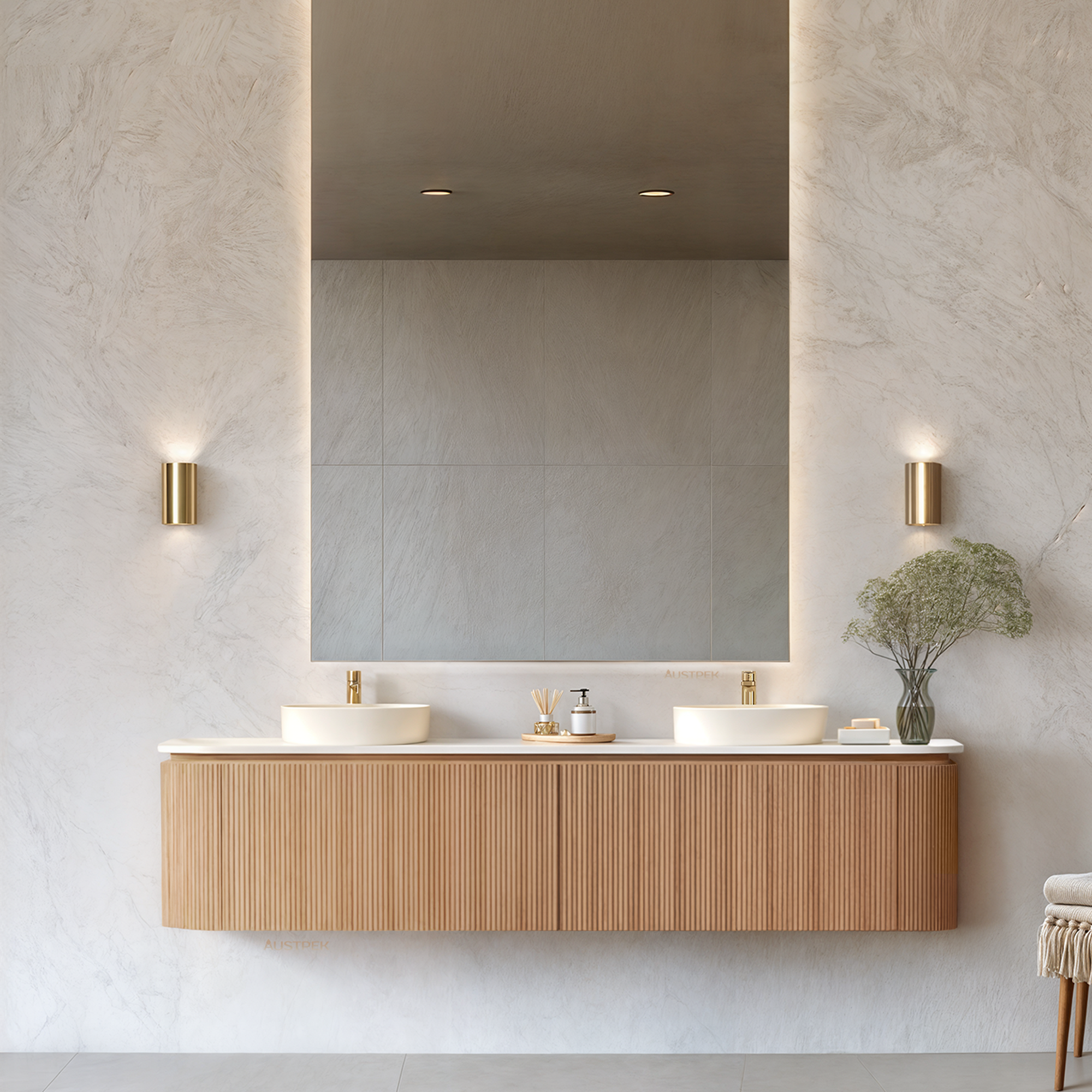 ORIO FITZROY LIGHT WALNUT FLUTED 1800MM CURVE DOUBLE BOWL WALL HUNG VANITY