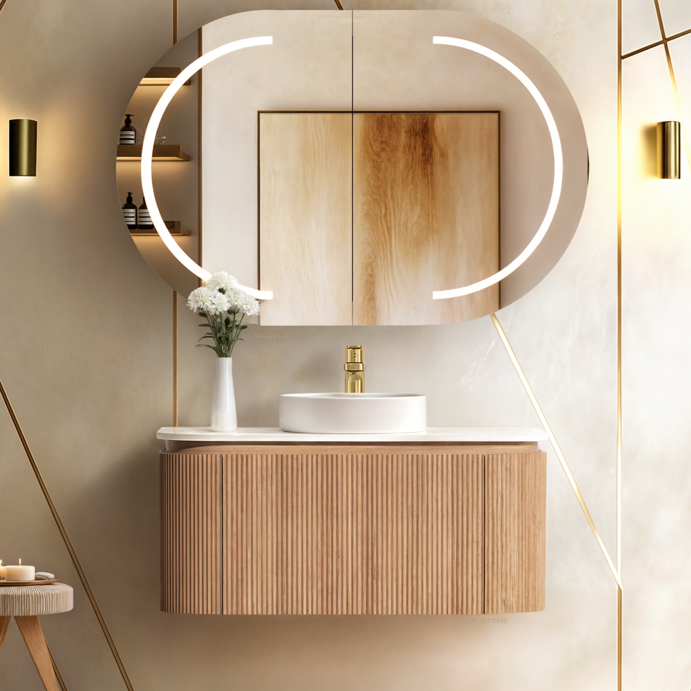 ORIO FITZROY LIGHT WALNUT FLUTED 900MM CURVE SINGLE BOWL WALL HUNG VANITY