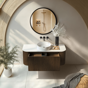 ORIO HAYMAN DARK WALNUT FLUTED 1200MM CURVE SINGLE BOWL WALL HUNG VANITY