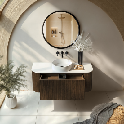 ORIO HAYMAN DARK WALNUT FLUTED 1200MM CURVE SINGLE BOWL WALL HUNG VANITY