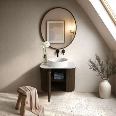 ORIO HAYMAN DARK WALNUT FLUTED 600MM CURVE SINGLE BOWL WALL HUNG VANITY