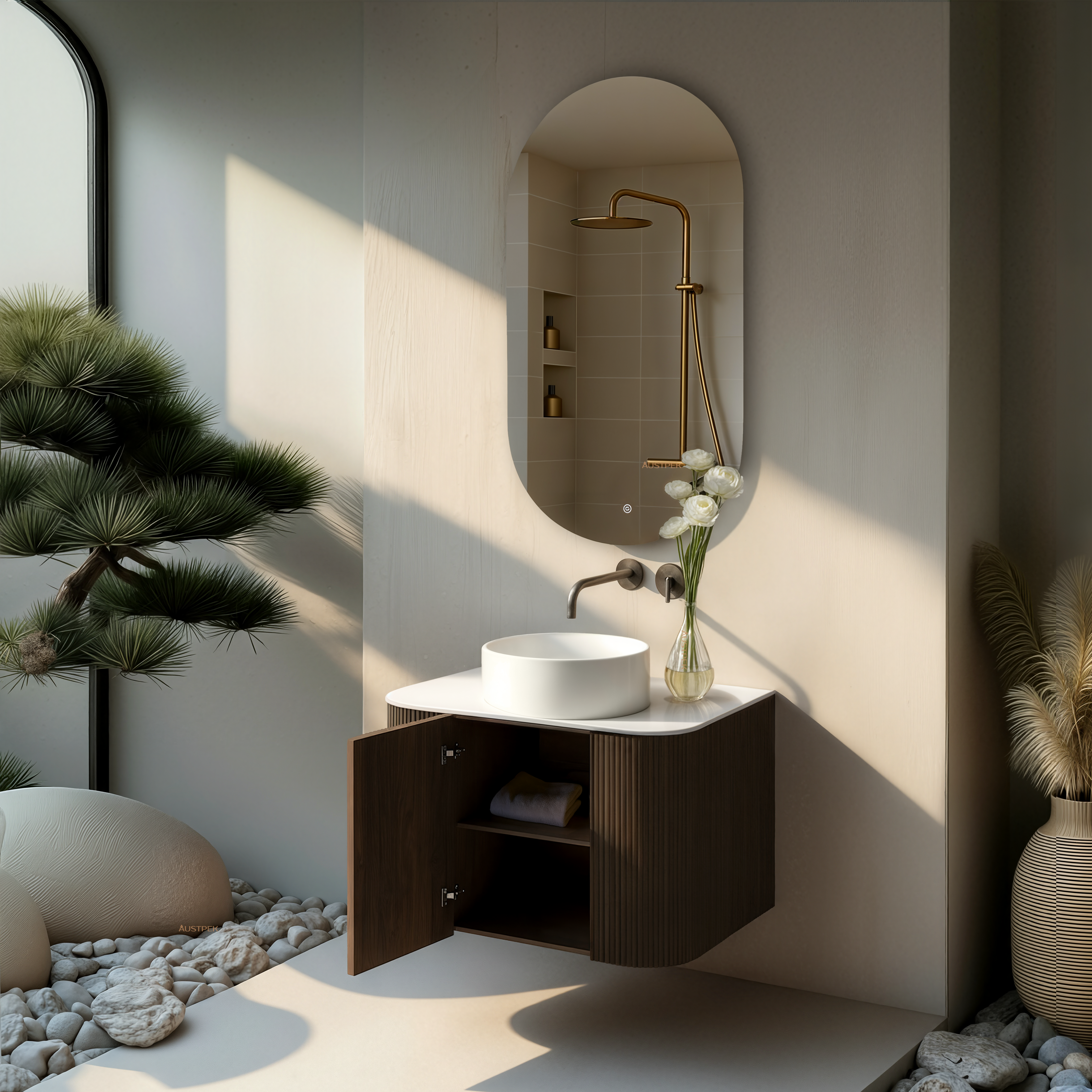 ORIO HAYMAN DARK WALNUT FLUTED 600MM CURVE SINGLE BOWL WALL HUNG VANITY