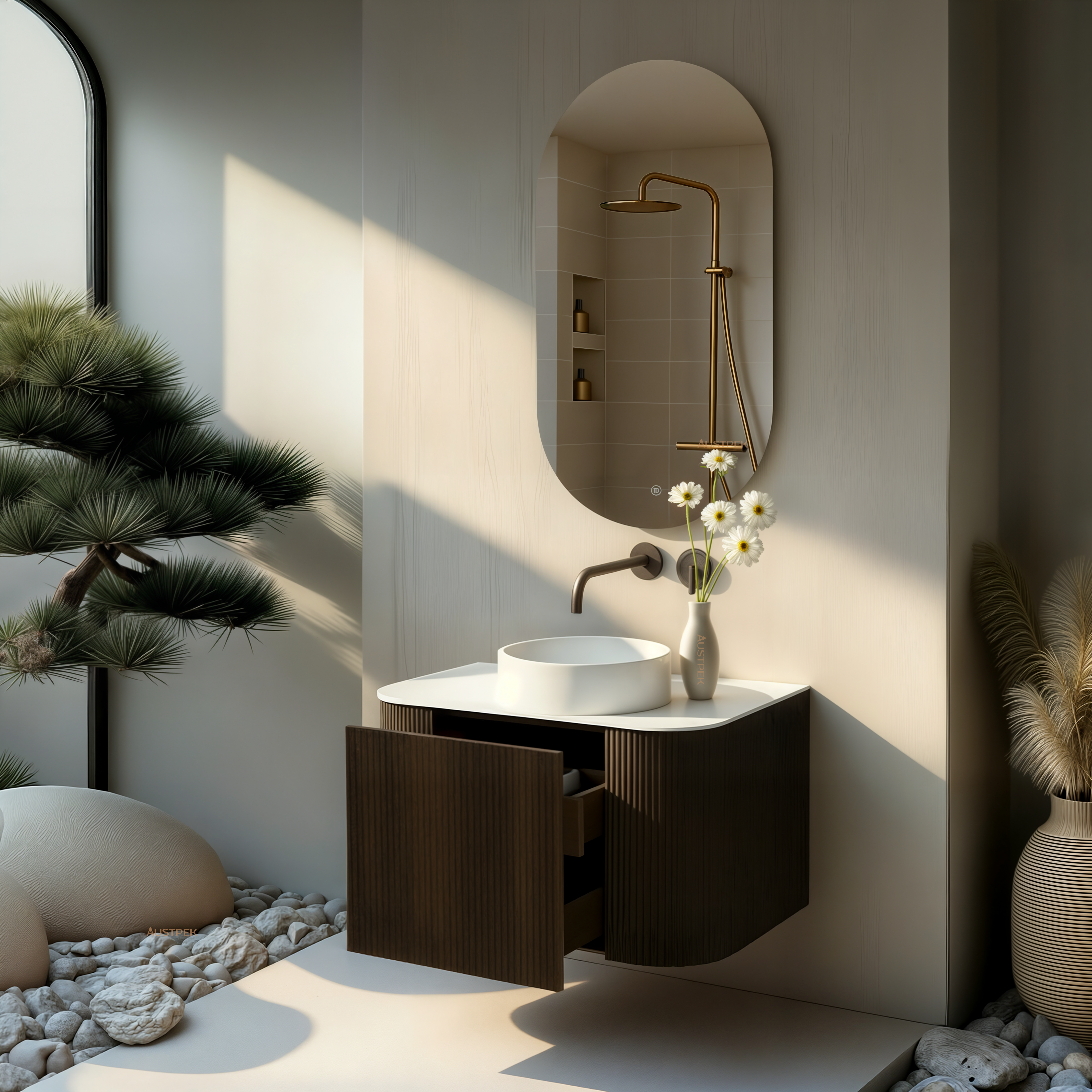 ORIO HAYMAN DARK WALNUT FLUTED 750MM CURVE SINGLE BOWL WALL HUNG VANITY