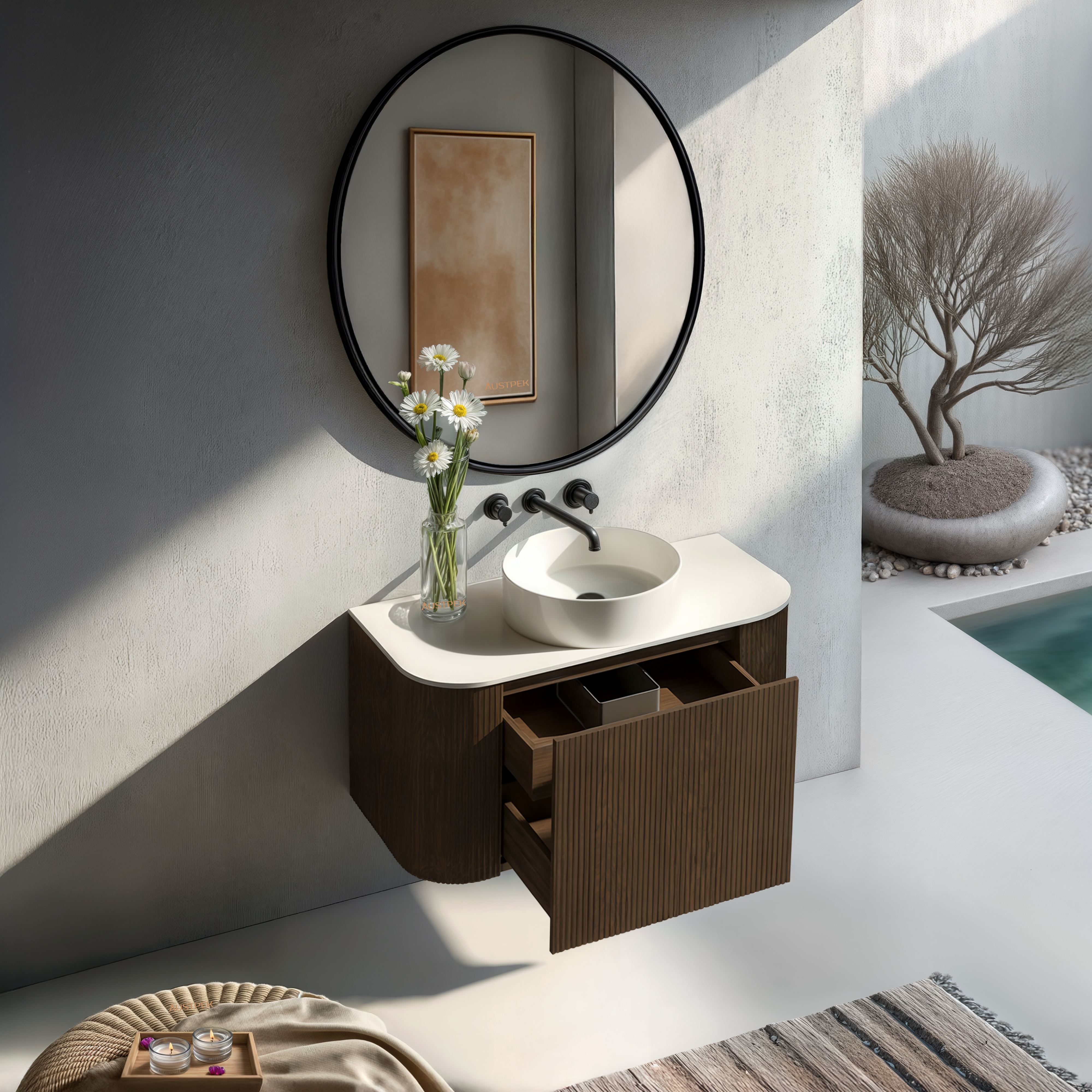 ORIO HAYMAN DARK WALNUT FLUTED 900MM CURVE SINGLE BOWL WALL HUNG VANITY