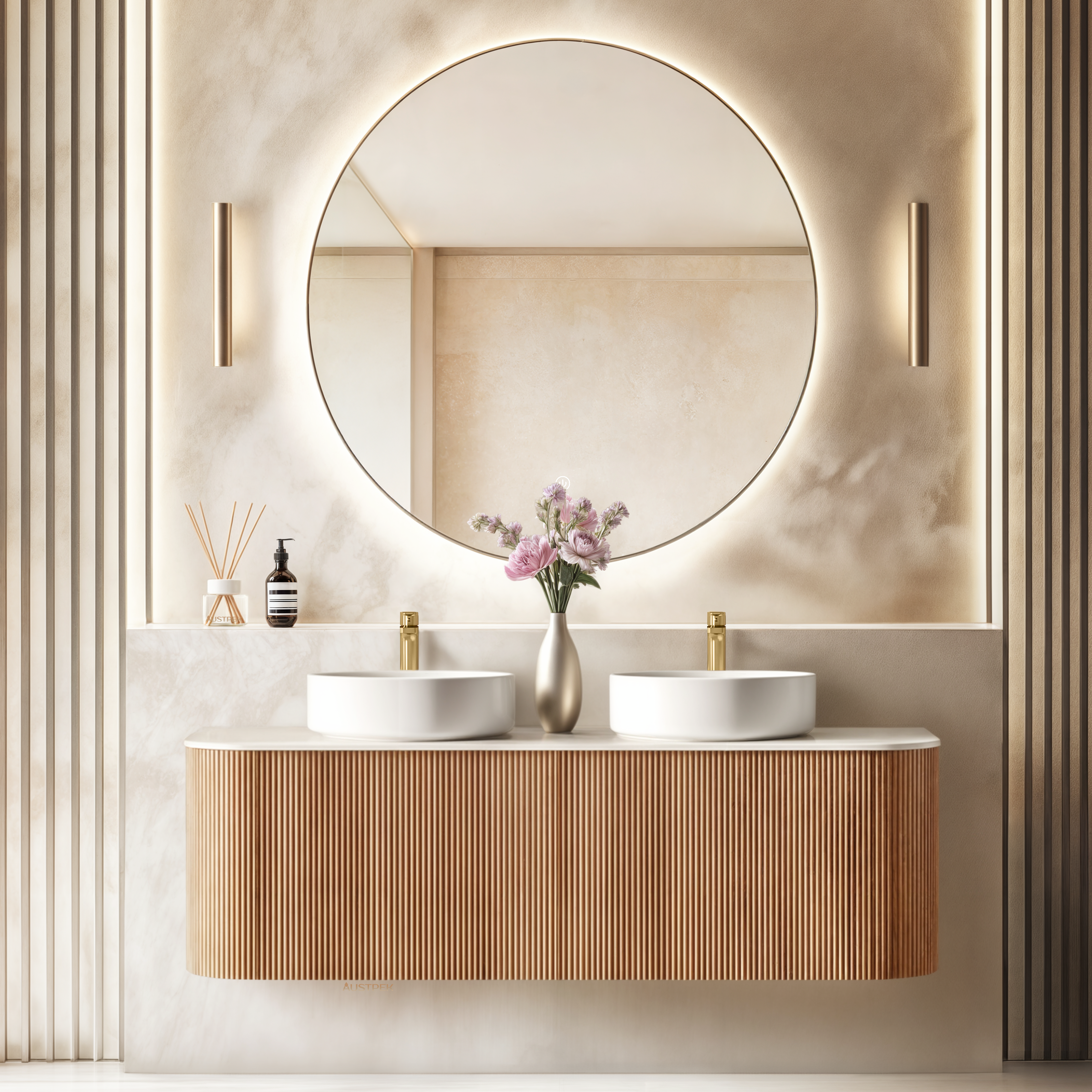 ORIO HAYMAN LIGHT WALNUT FLUTED 1500MM CURVE DOUBLE BOWL WALL HUNG VANITY