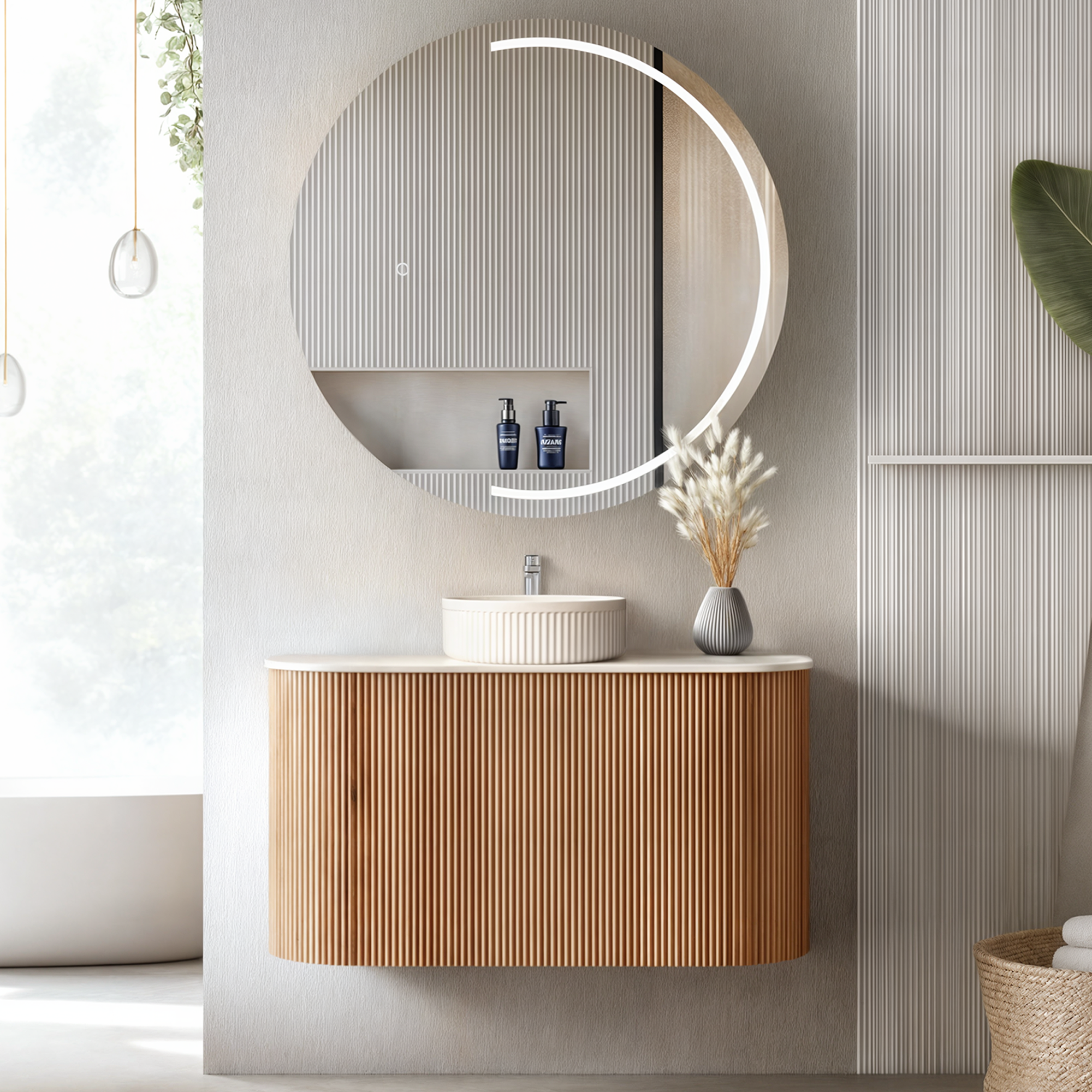 ORIO HAYMAN LIGHT WALNUT FLUTED 900MM CURVE SINGLE BOWL WALL HUNG VANITY