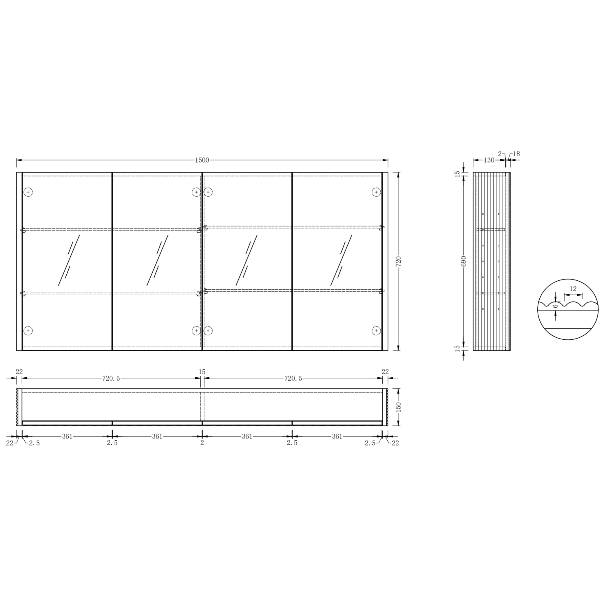 ORIO HAYMAN LIGHT WALNUT FLUTED MIRROR SHAVING CABINET 1500MM