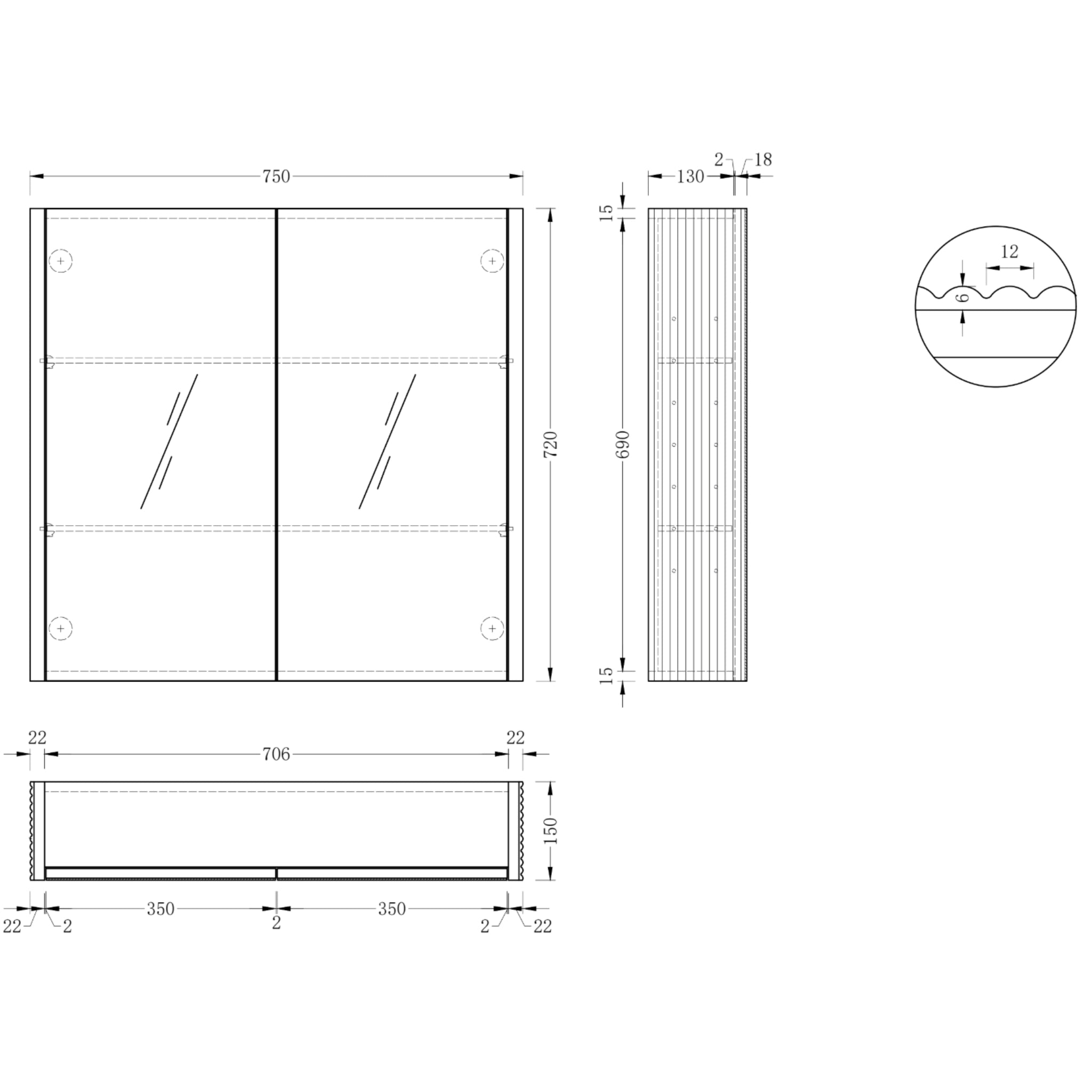 ORIO HAYMAN LIGHT WALNUT FLUTED MIRROR SHAVING CABINET 750MM