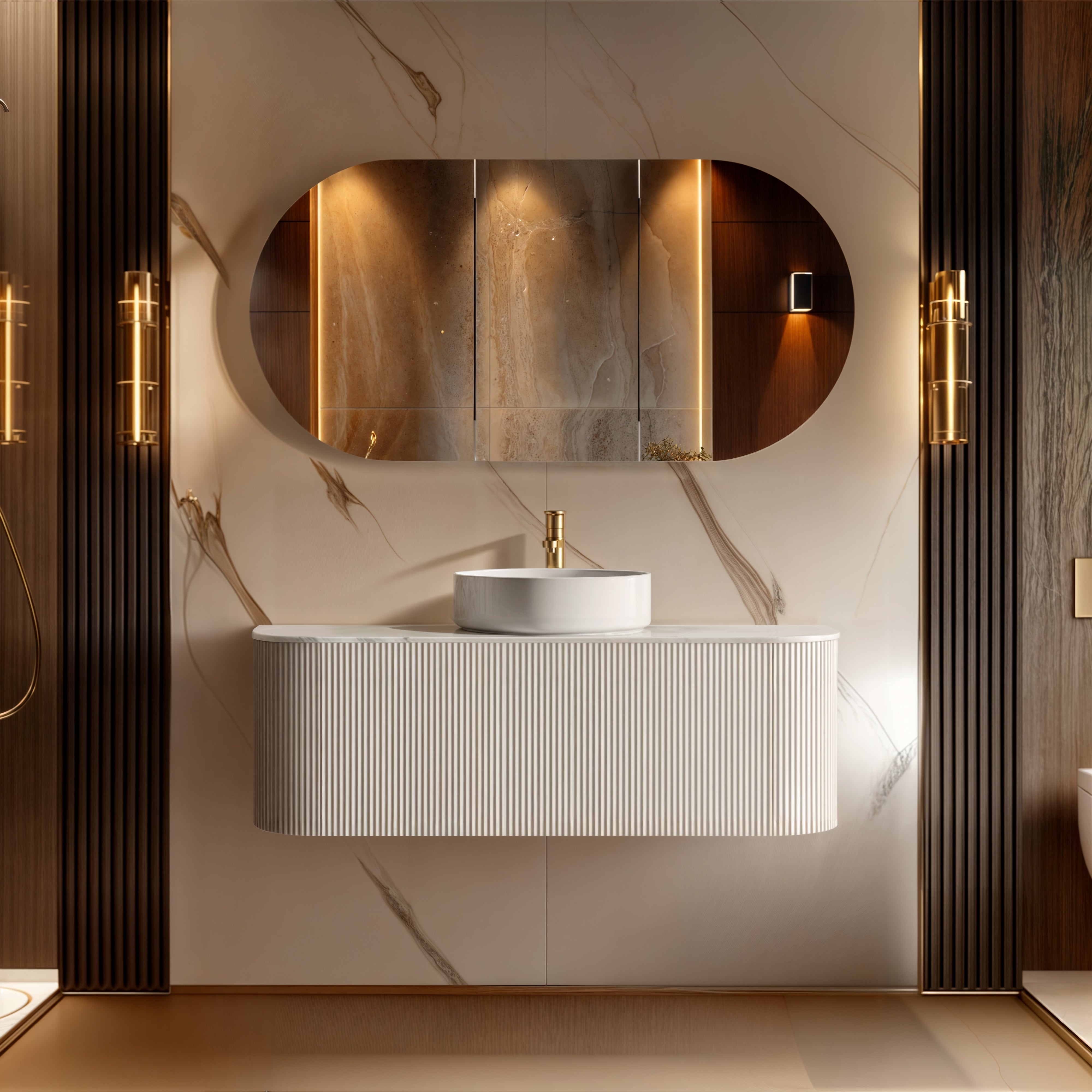 ORIO HAYMAN MATTE WHITE FLUTED 1200MM CURVE SINGLE BOWL WALL HUNG VANITY