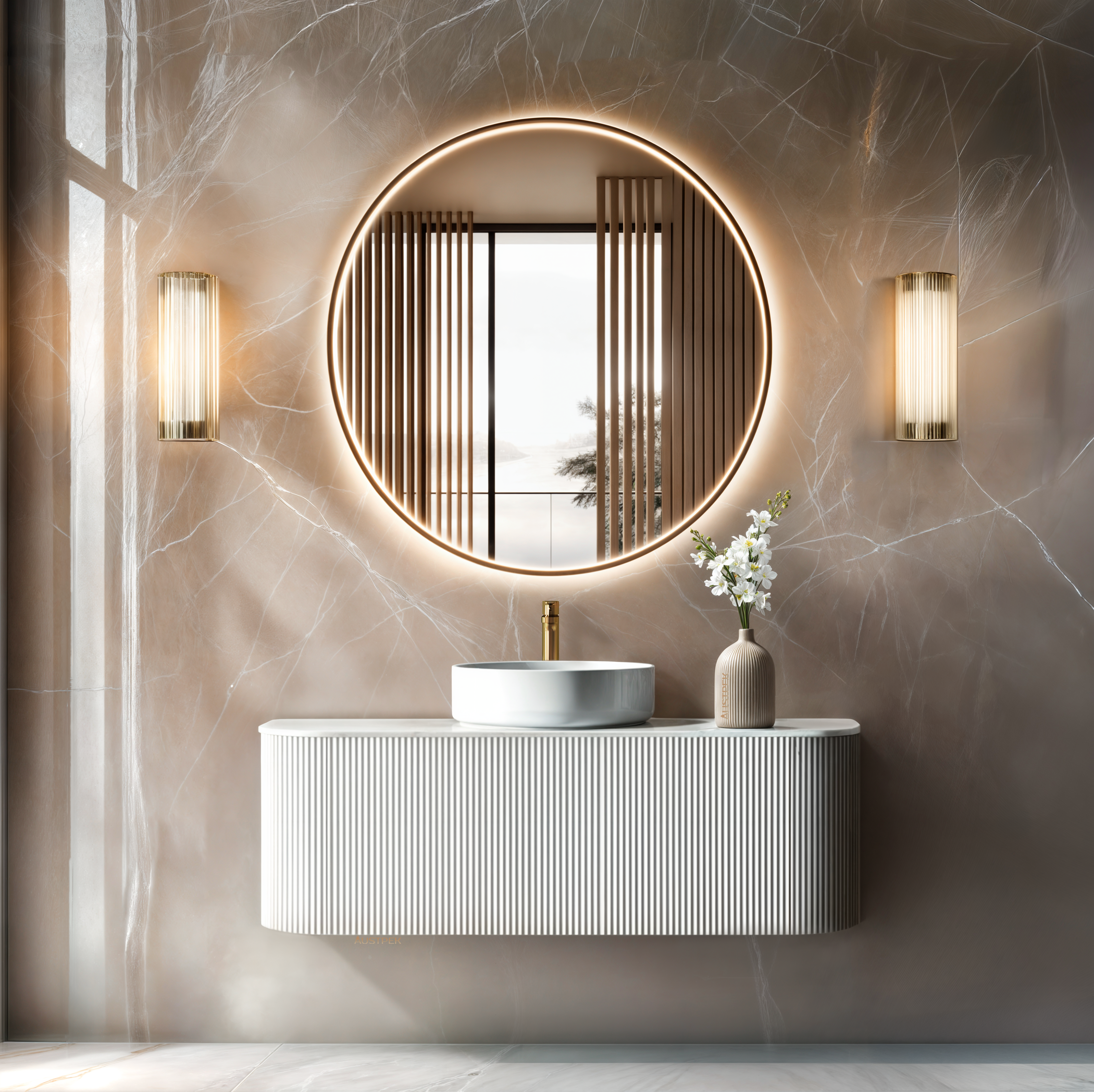 ORIO HAYMAN MATTE WHITE FLUTED 1200MM CURVE SINGLE BOWL WALL HUNG VANITY
