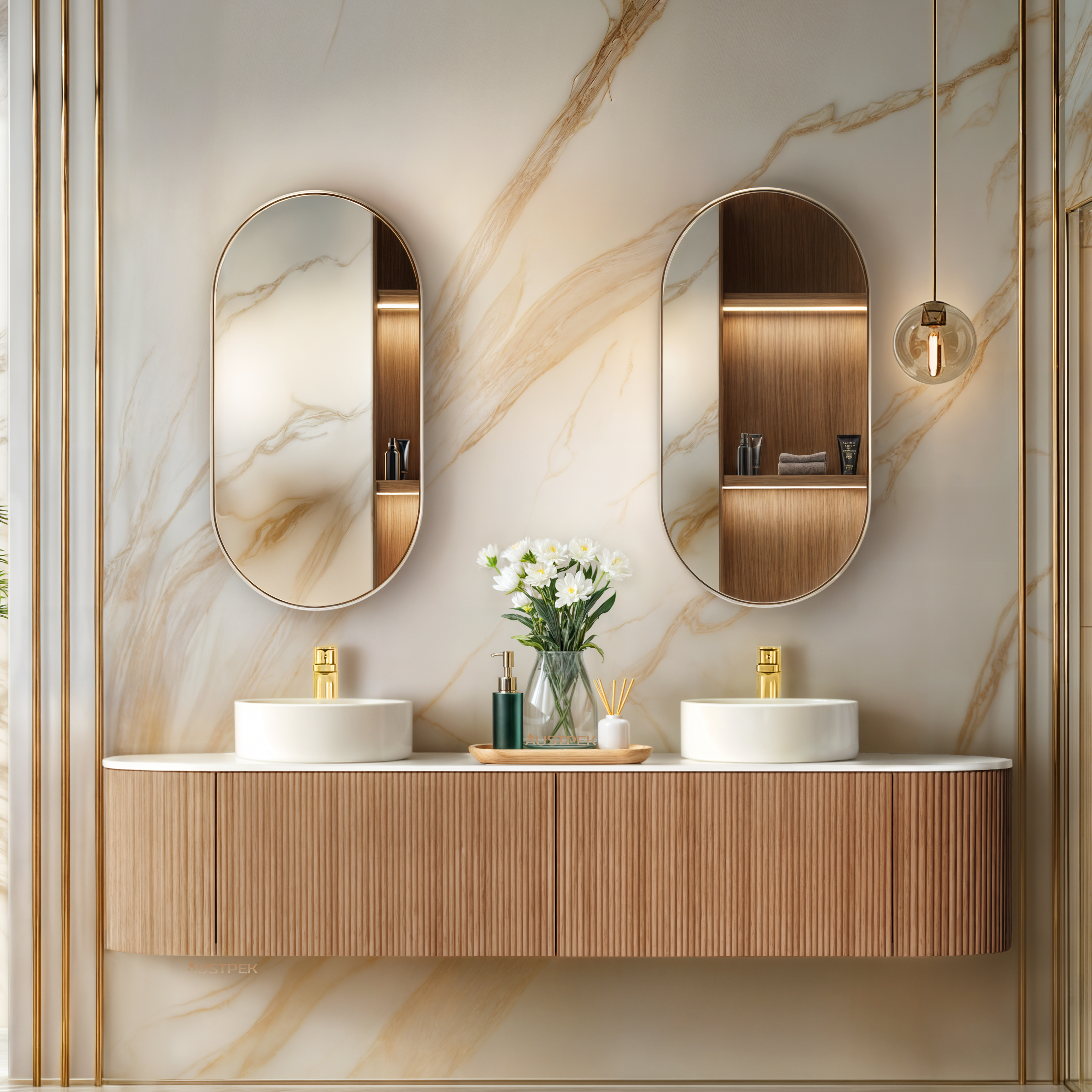 ORIO MONTEBELLO LIGHT WALNUT FLUTED 1800MM OVAL DOUBLE BOWL WALL HUNG VANITY