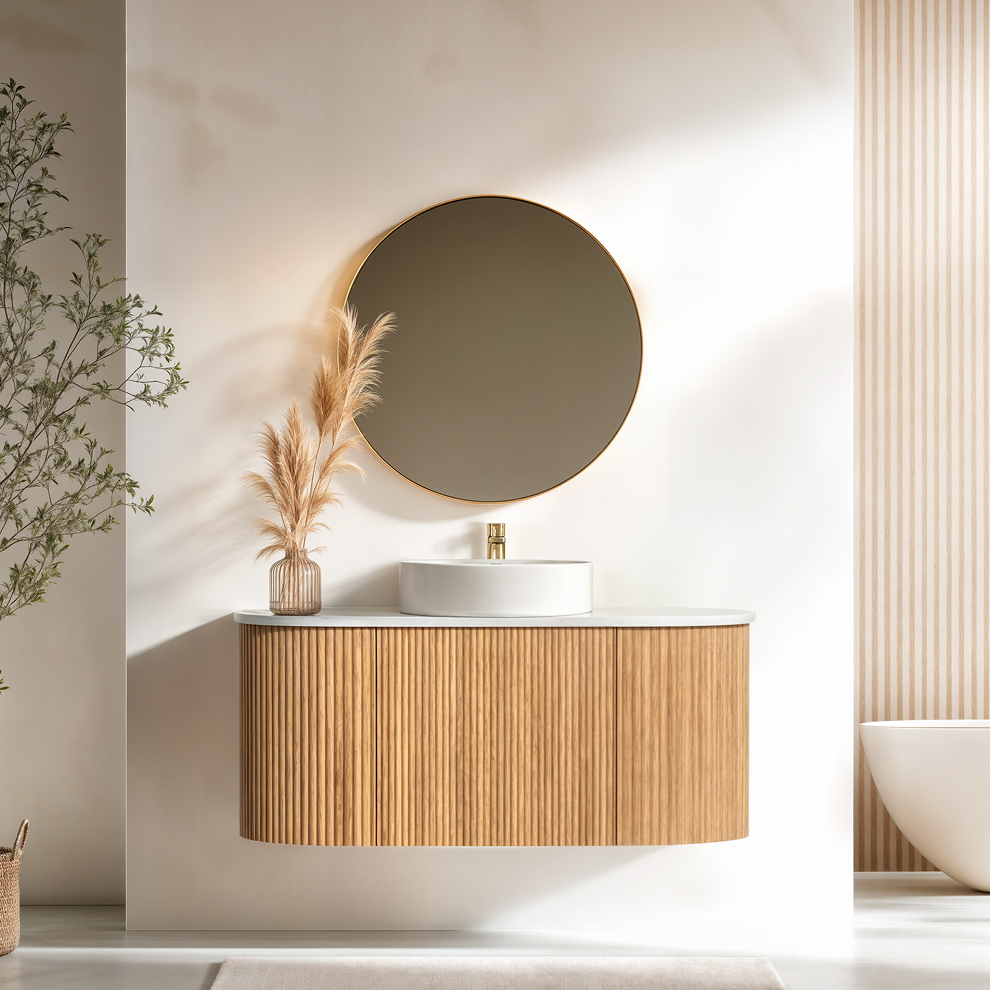 ORIO MONTEBELLO LIGHT WALNUT FLUTED 900MM OVAL SINGLE BOWL WALL HUNG VANITY