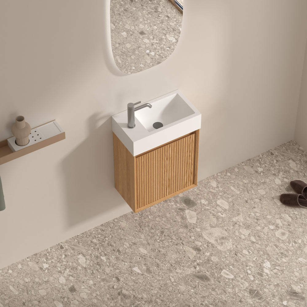 ORIO MONTEBELLO LIGHT WALNUT SPACE SAVING WALL HUNG VANITY WITH SOLID SURFACE BASIN 450MM