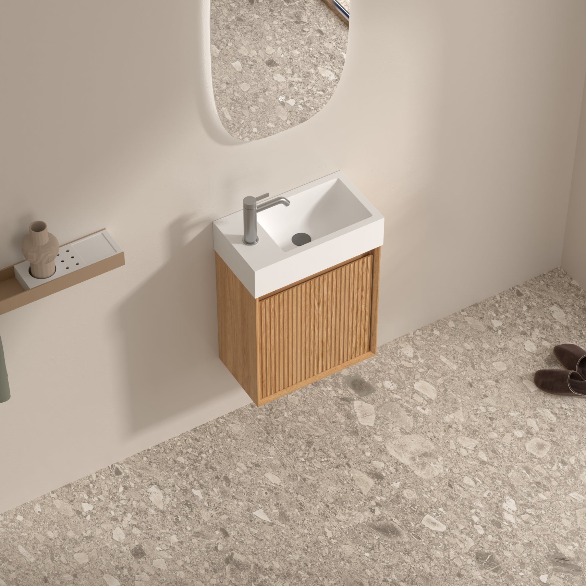 ORIO MONTEBELLO LIGHT WALNUT SPACE SAVING WALL HUNG VANITY WITH SOLID SURFACE BASIN 450MM