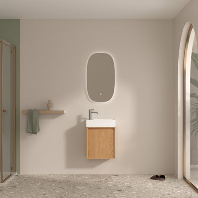 ORIO MONTEBELLO LIGHT WALNUT SPACE SAVING WALL HUNG VANITY WITH SOLID SURFACE BASIN 450MM