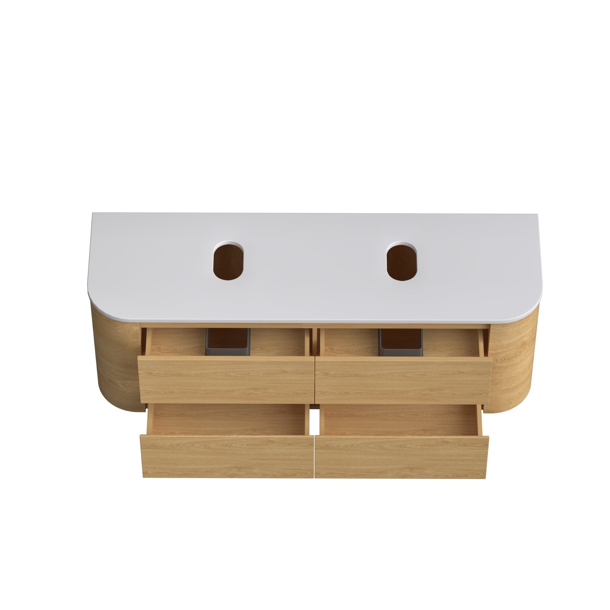 ORIO PEBBLE NATURAL OAK 1500MM CURVE DOUBLE BOWL WALL HUNG VANITY