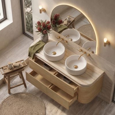 ORIO PEBBLE NATURAL OAK 1500MM CURVE DOUBLE BOWL WALL HUNG VANITY