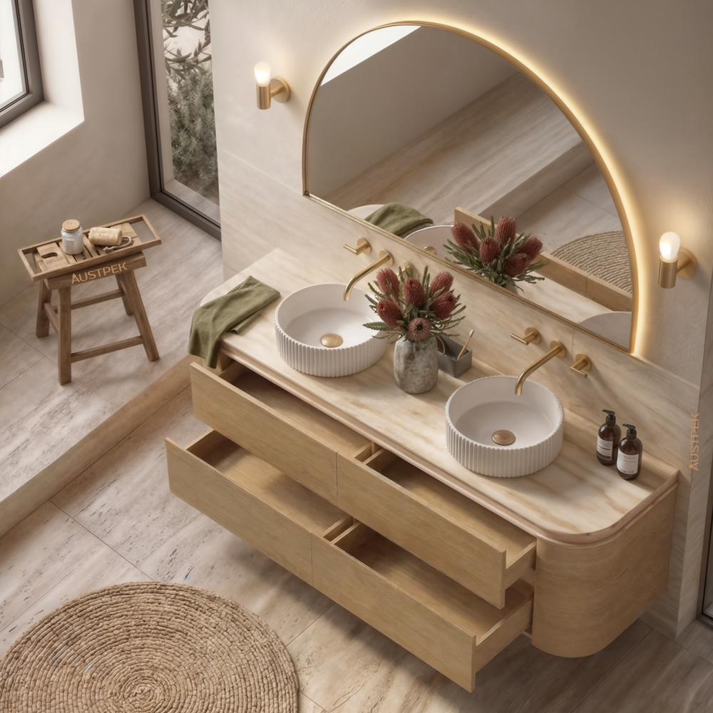ORIO PEBBLE NATURAL OAK 1800MM CURVE DOUBLE BOWL WALL HUNG VANITY