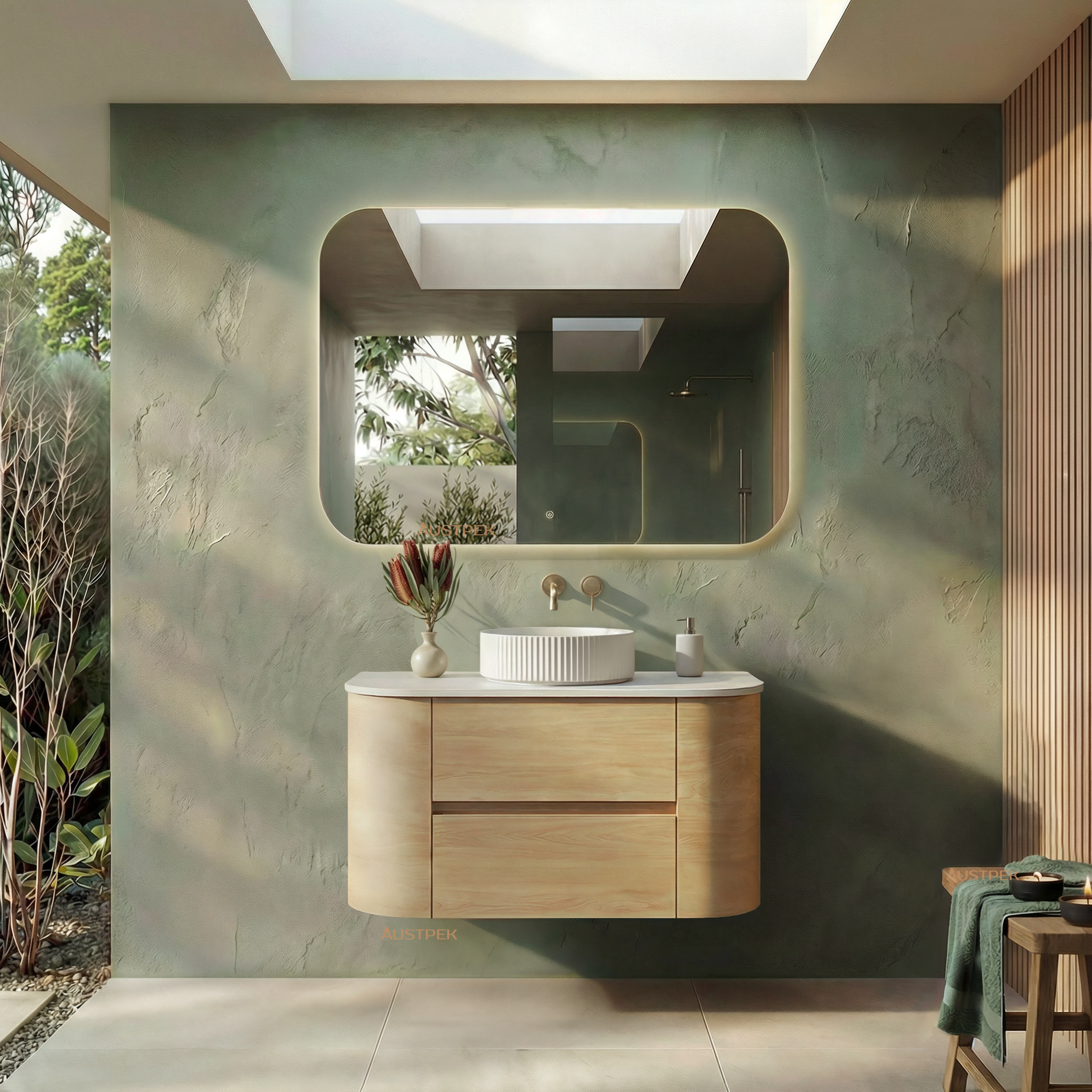 ORIO PEBBLE NATURAL OAK 900MM CURVE SINGLE BOWL WALL HUNG VANITY