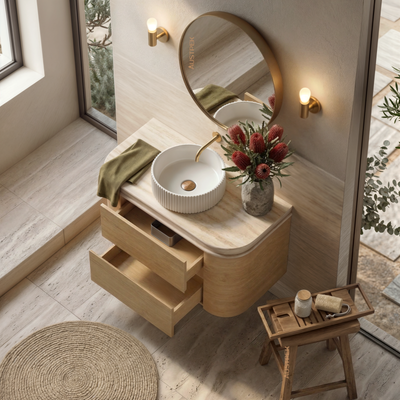 ORIO PEBBLE NATURAL OAK 900MM CURVE SINGLE BOWL WALL HUNG VANITY